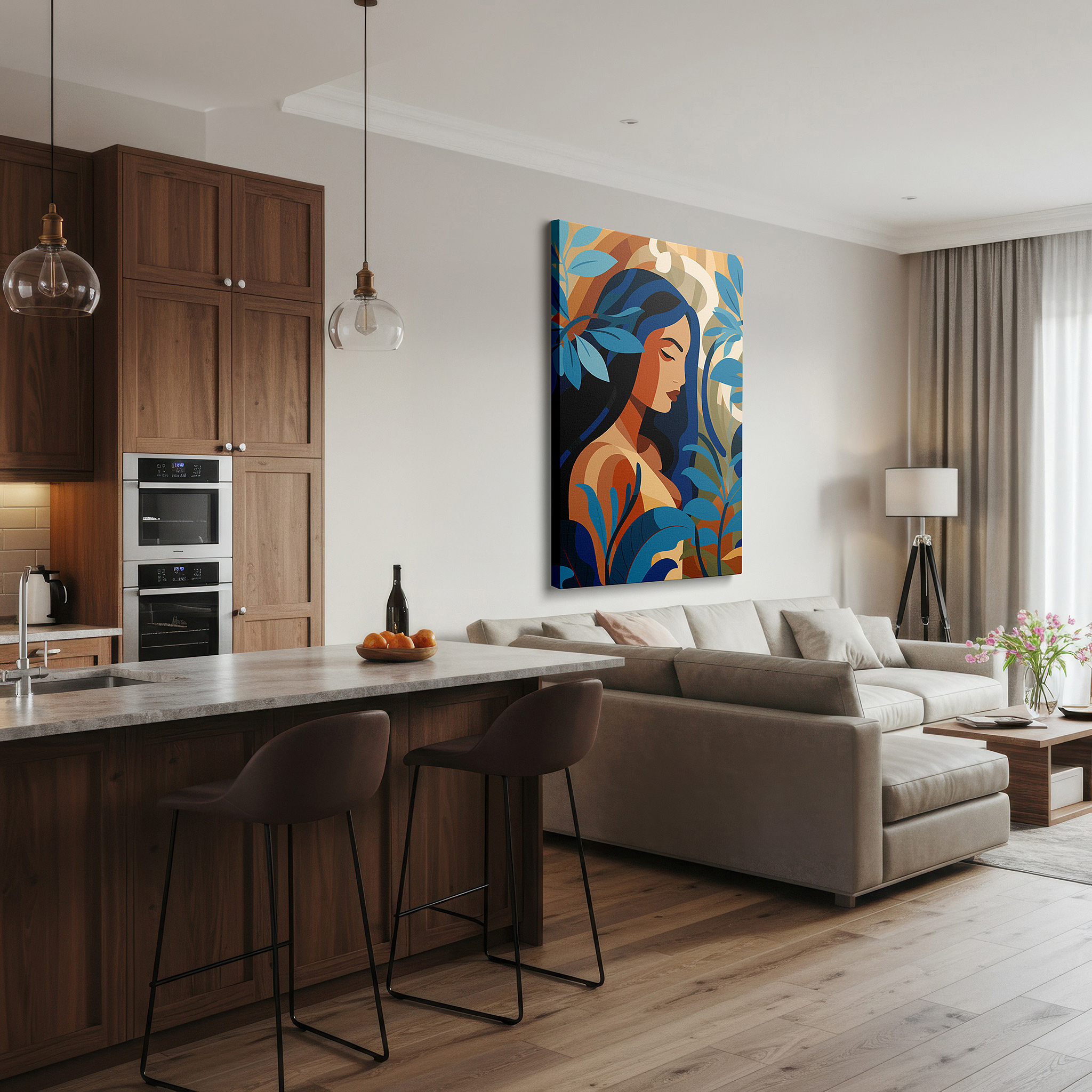 Set in a minimalist interior with textured walls and soft rugs — serene beauty and natural elegance: tropical portrait large wall art, canvas wall art, wall decor for office and bedroom