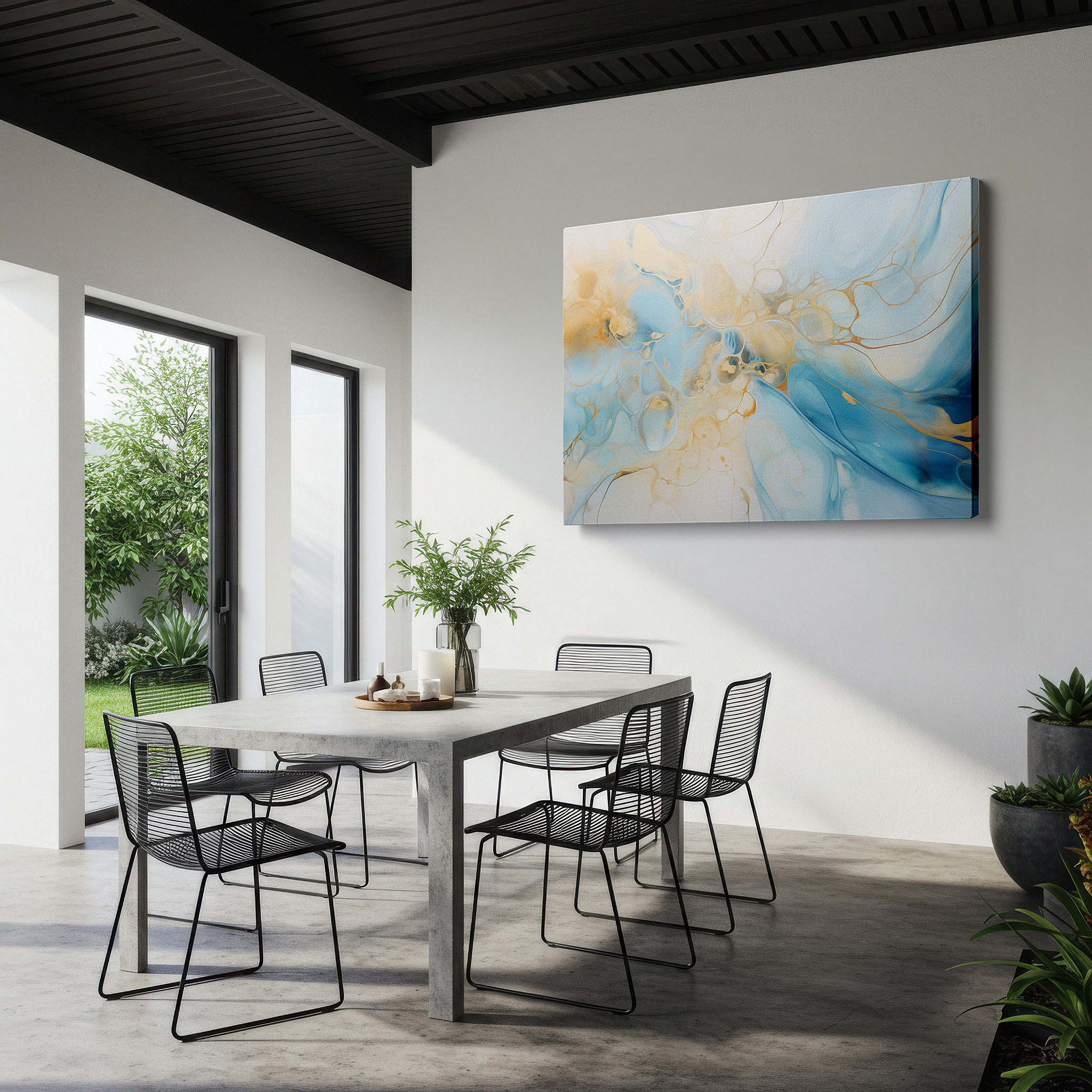Set in a minimalist interior with textured walls and soft rugs — serene blues and glowing golds: a sophisticated abstract masterpiece, large canvas wall art for home and office decor