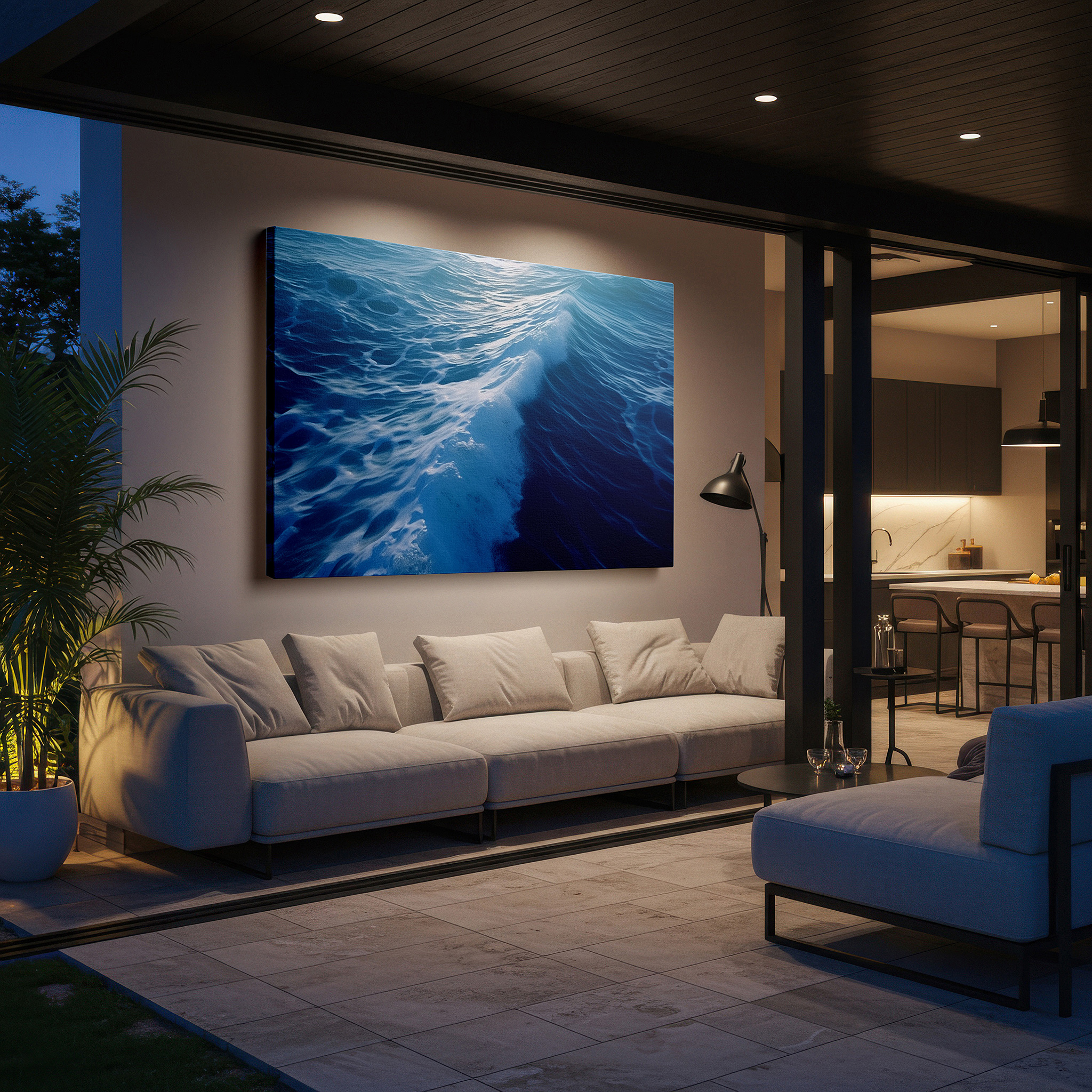 Set in a minimalist interior with textured walls and soft rugs — serene blues symphony: radiant sunlight and gentle waves - large canvas wall art for office and bedroom decor