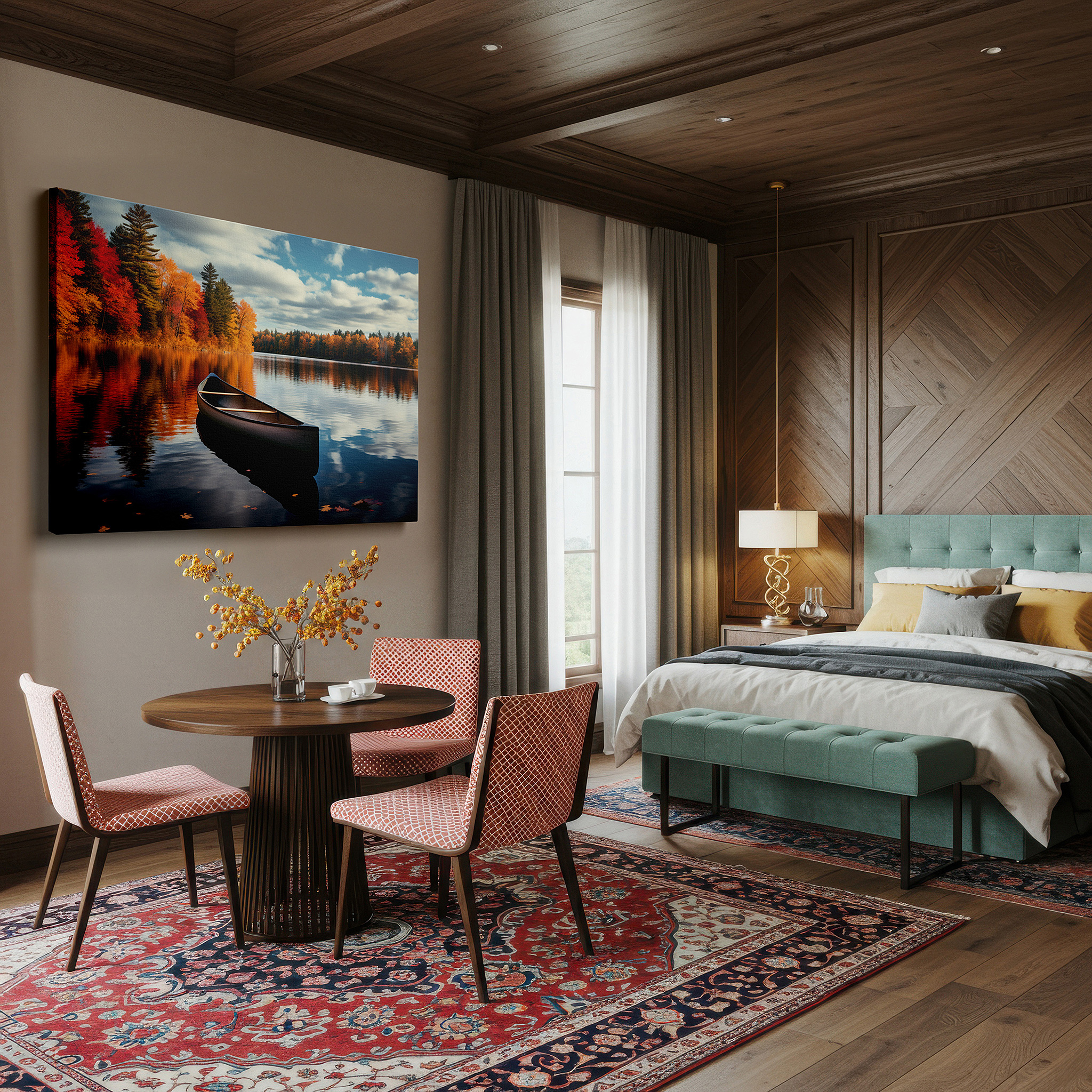 Set in a minimalist interior with textured walls and soft rugs — serene canoe journey wall art: autumn reflections and tranquil nature escape - large canvas for home and office decor