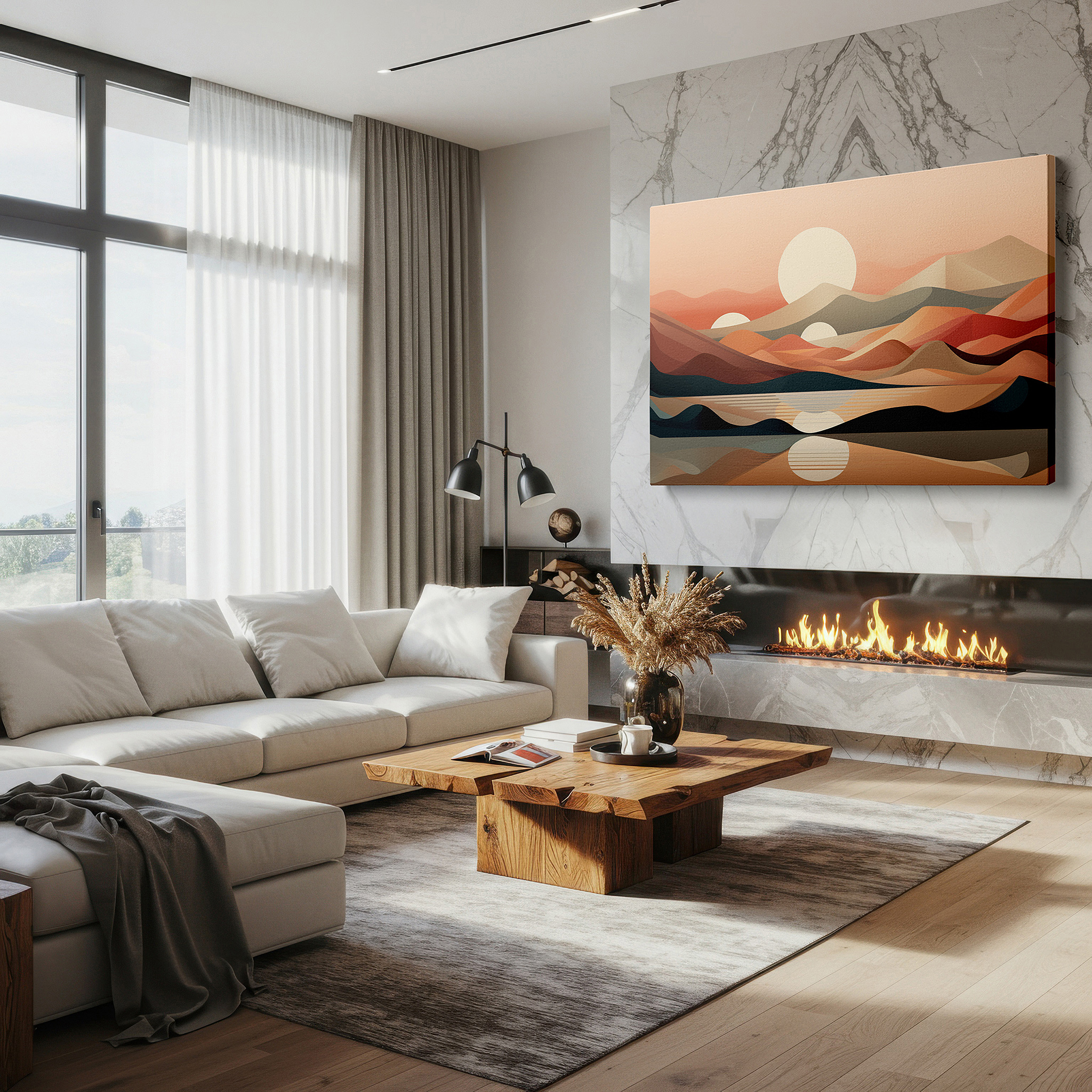 Set in a minimalist interior with textured walls and soft rugs — serene dawn over tranquil waters - abstract landscape in gentle peach, pink, and blue, large canvas wall art for home and office decor