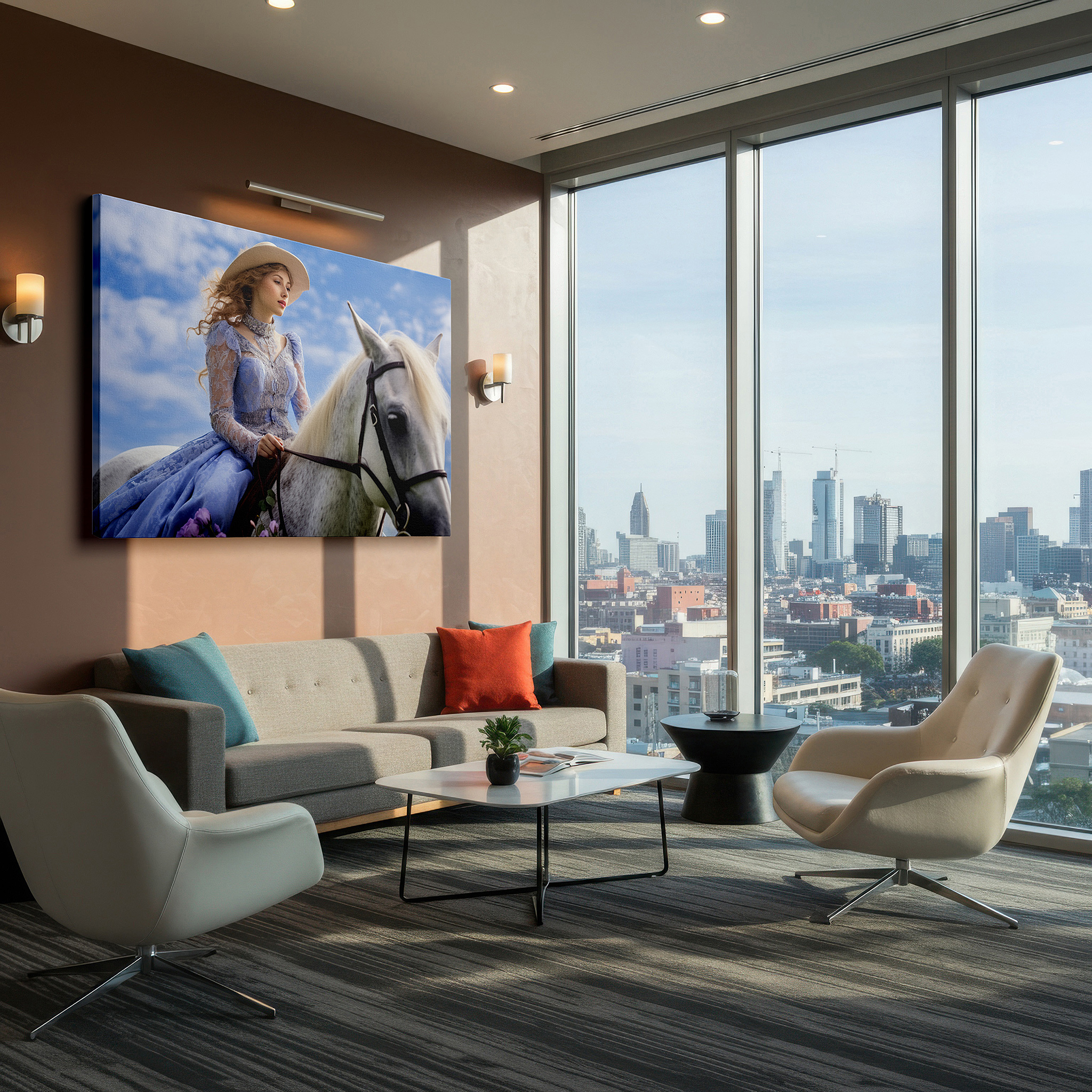 Set in a minimalist interior with textured walls and soft rugs — serene elegance of a young woman in blue on a majestic white horse: large canvas wall art for office and bedroom decor