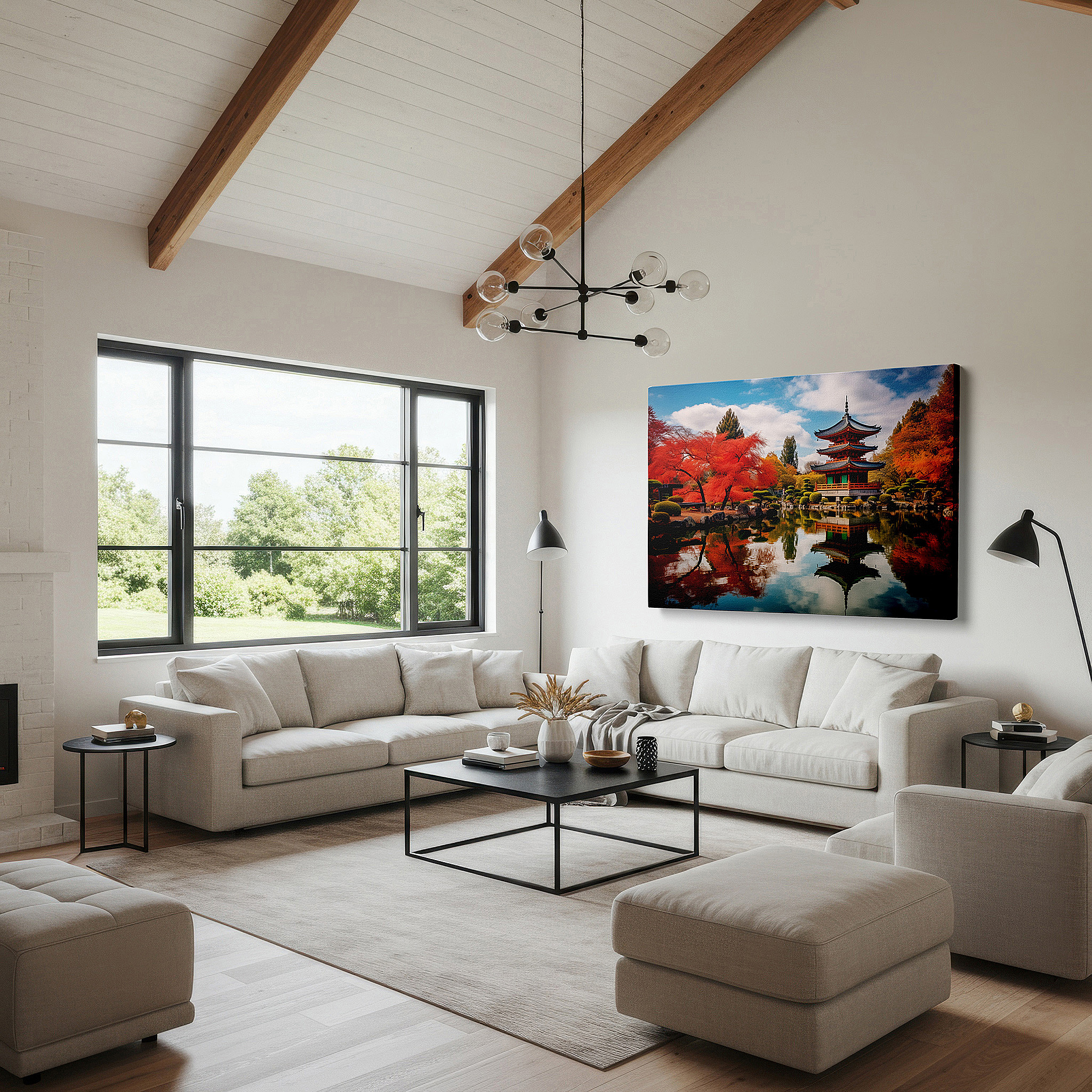 Set in a minimalist interior with textured walls and soft rugs — serene japanese scenery with fall reflections and classic architecture - large canvas wall art for home and office decor