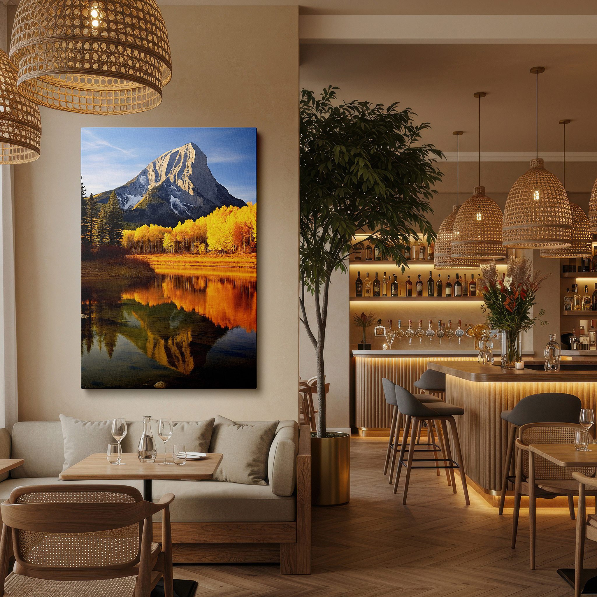 Set in a minimalist interior with textured walls and soft rugs — serene lake and fall foliage reflections of mountain grandeur - oversized canvas wall art for home and office decor
