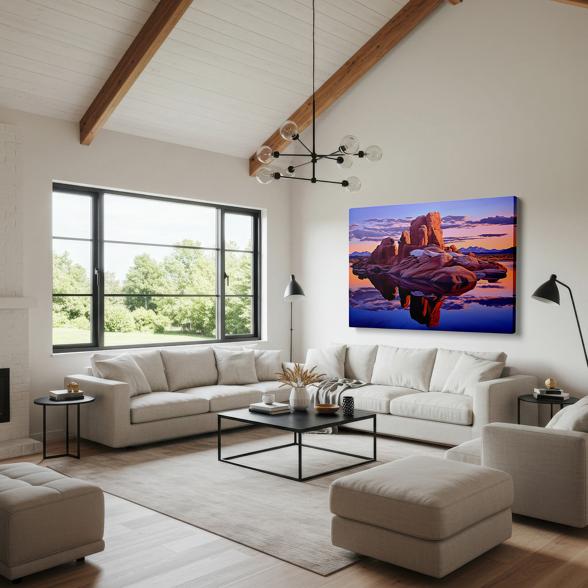 Set in a minimalist interior with textured walls and soft rugs — serene lake at majestic dusk with towering rock formations reflecting the sunset's glow - large canvas wall art for office decor
