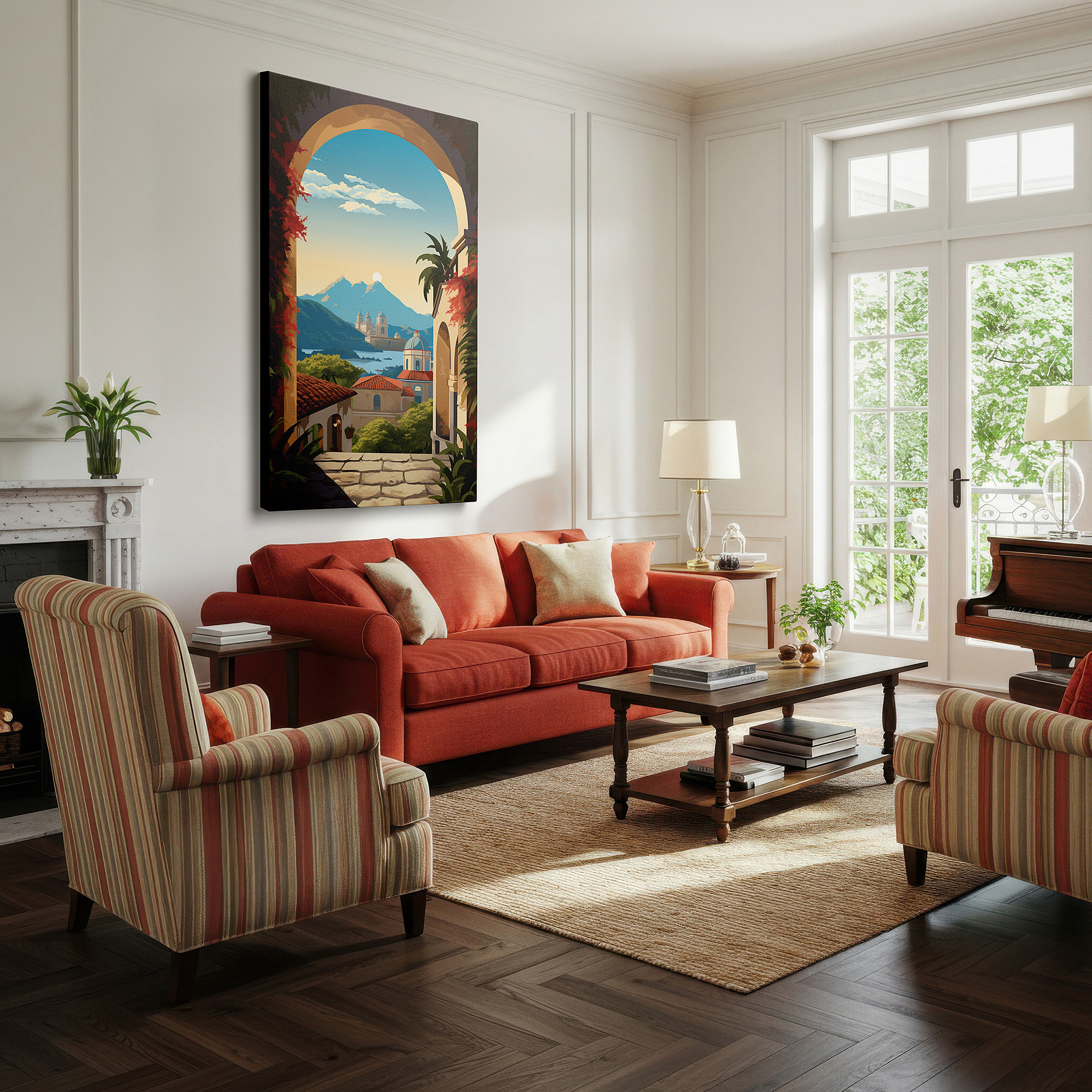 Set in a minimalist interior with textured walls and soft rugs — serene landscape viewed through a graceful arch, where nature and history blend peacefully - large wall art, canvas wall art, wall decor for office