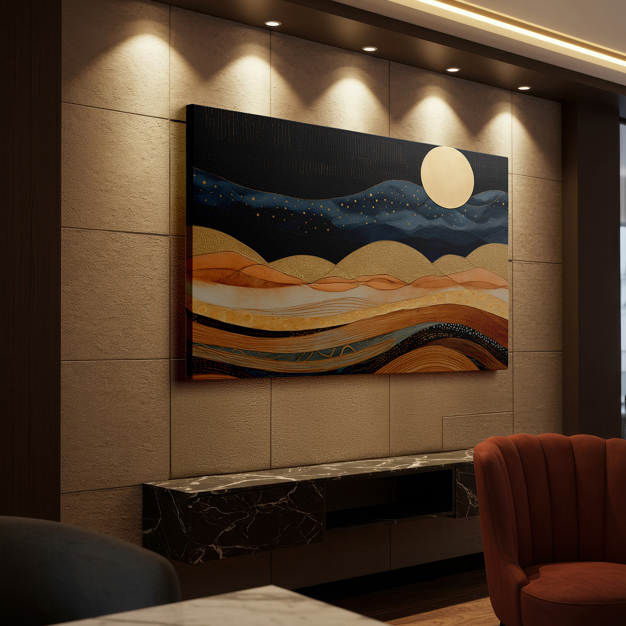 Set in a minimalist interior with textured walls and soft rugs — serene mountain vista with golden moon, peaceful haven in gentle pastels, large canvas wall art for home and office decor