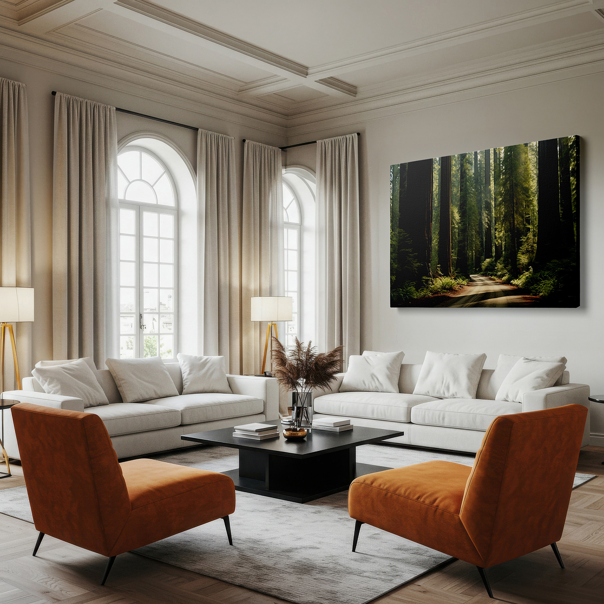 Set in a minimalist interior with textured walls and soft rugs — serene pathway through ancient redwoods: tranquil nature escape large wall art, canvas wall art, wall decor for office and bedroom
