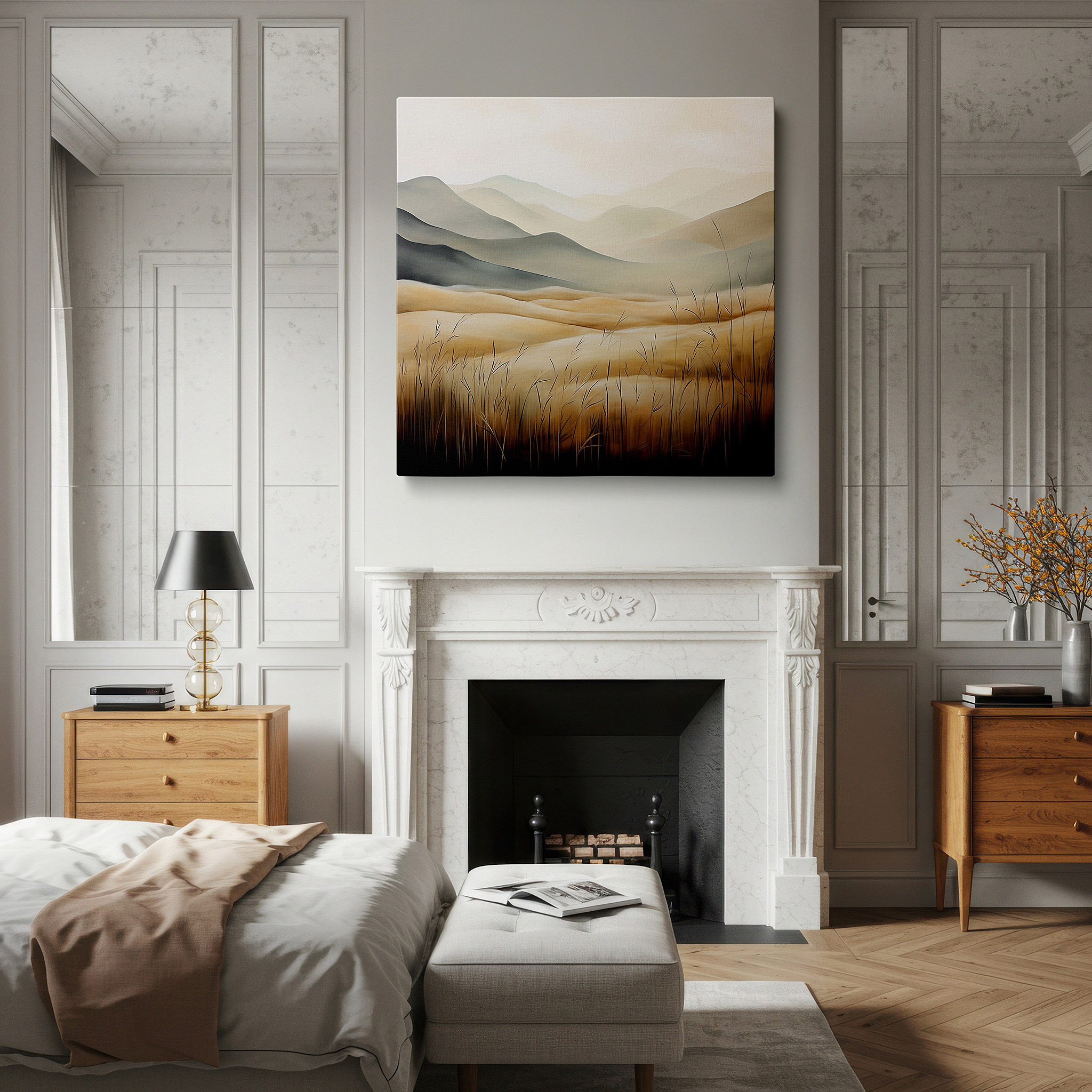 Set in a minimalist interior with textured walls and soft rugs — serene rolling hills landscape with gentle sky - large canvas wall art for office, bedroom, and living room decor