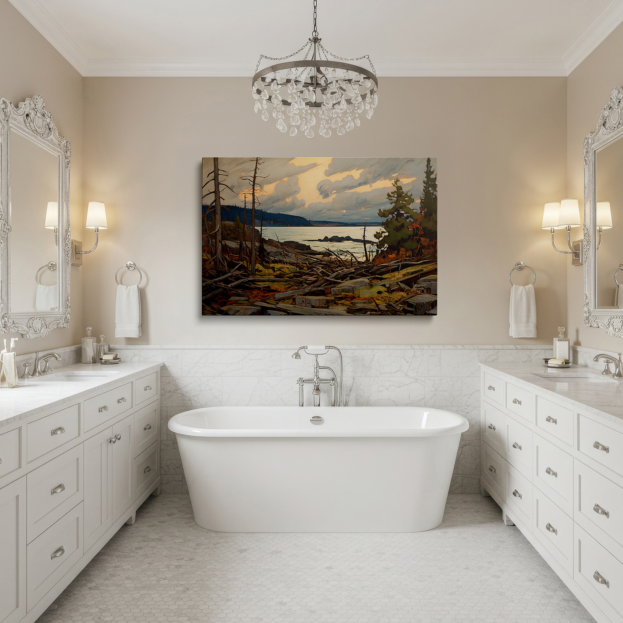 Set in a minimalist interior with textured walls and soft rugs — serene shoreline at dusk: a tranquil glow amidst nature's chaos - large canvas wall art for office and bedroom decor