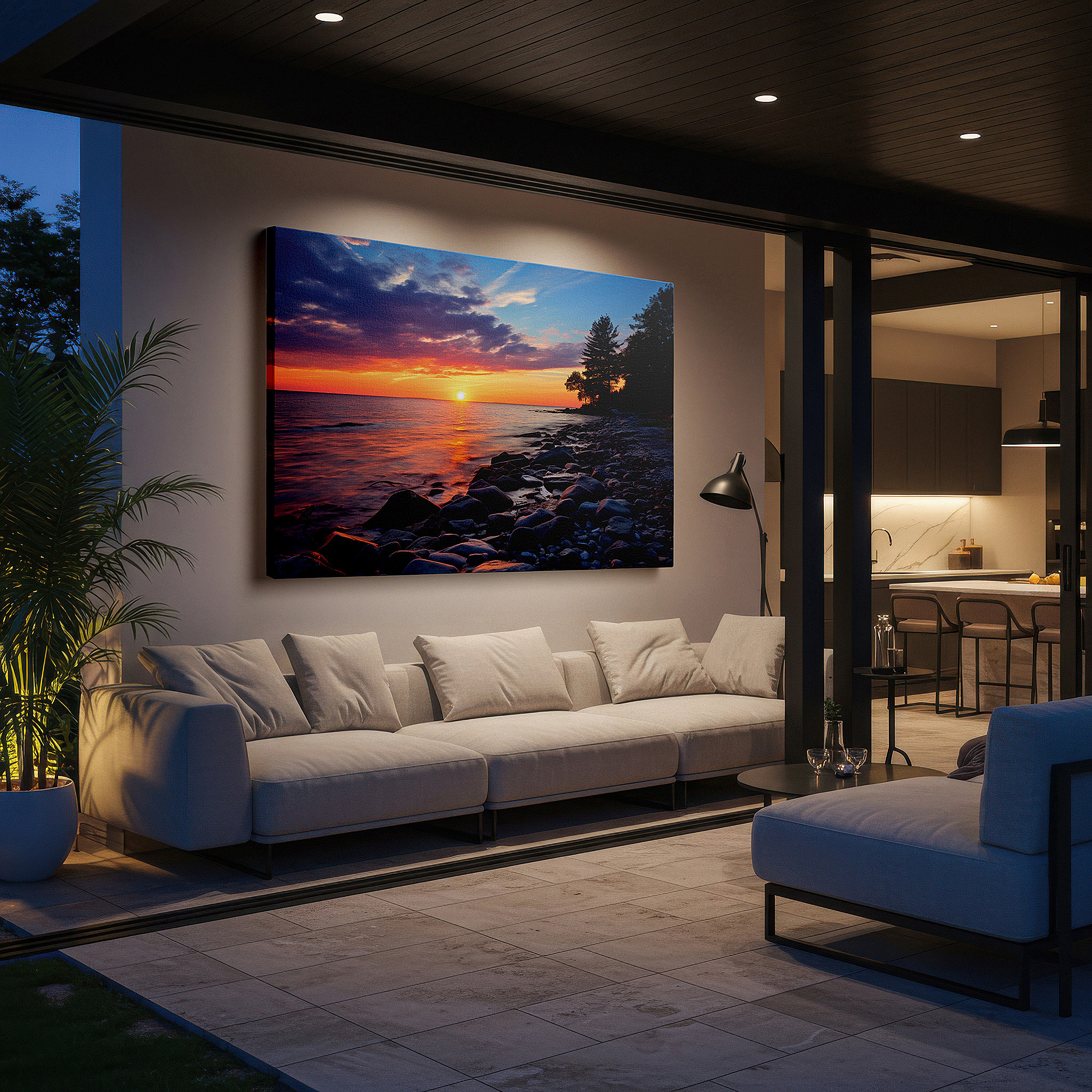 Set in a minimalist interior with textured walls and soft rugs — serene sunset at the lake: a symphony of orange, blue, and purple hues reflecting nature's splendor - large wall art, canvas wall art, wall art decor