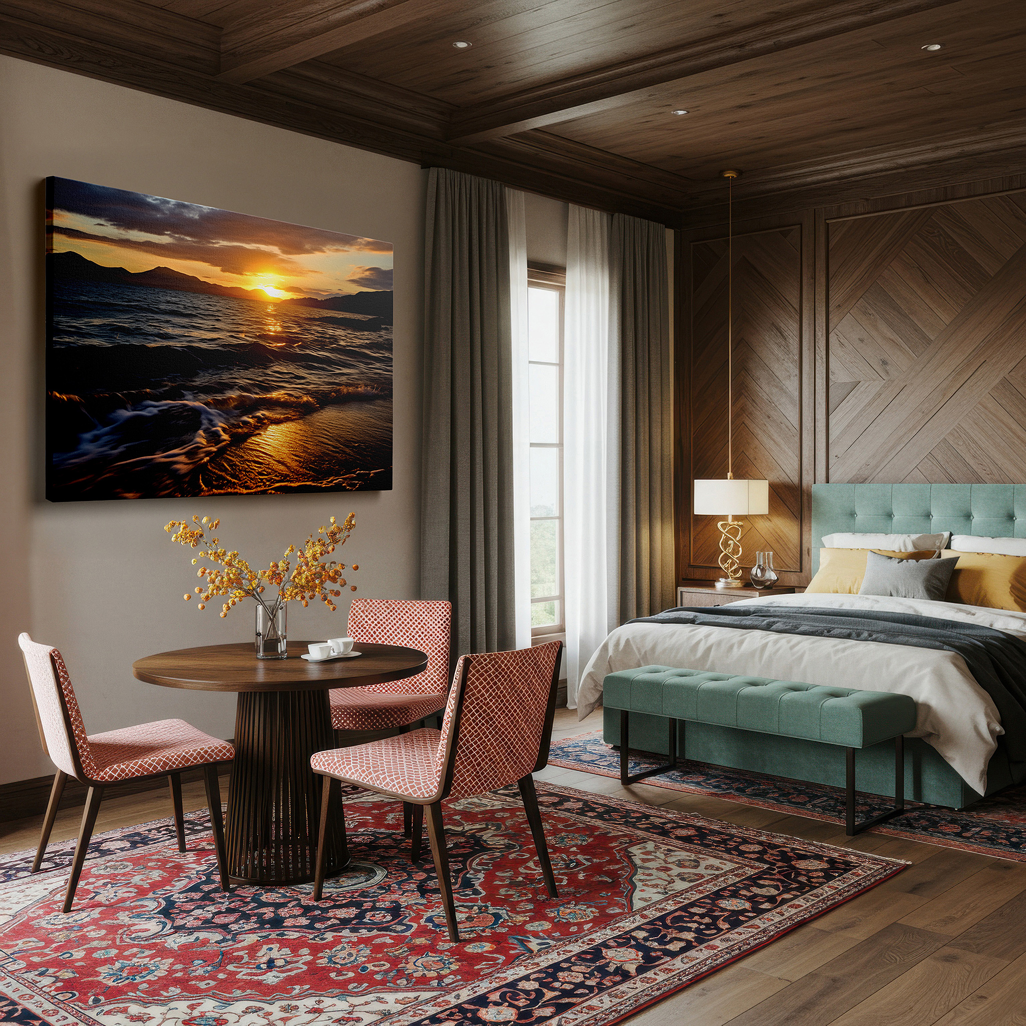 Set in a minimalist interior with textured walls and soft rugs — serene sunset and mountain guardians canvas print - tranquil ocean vista wall art for home and office decor, perfect for living room and bedroom