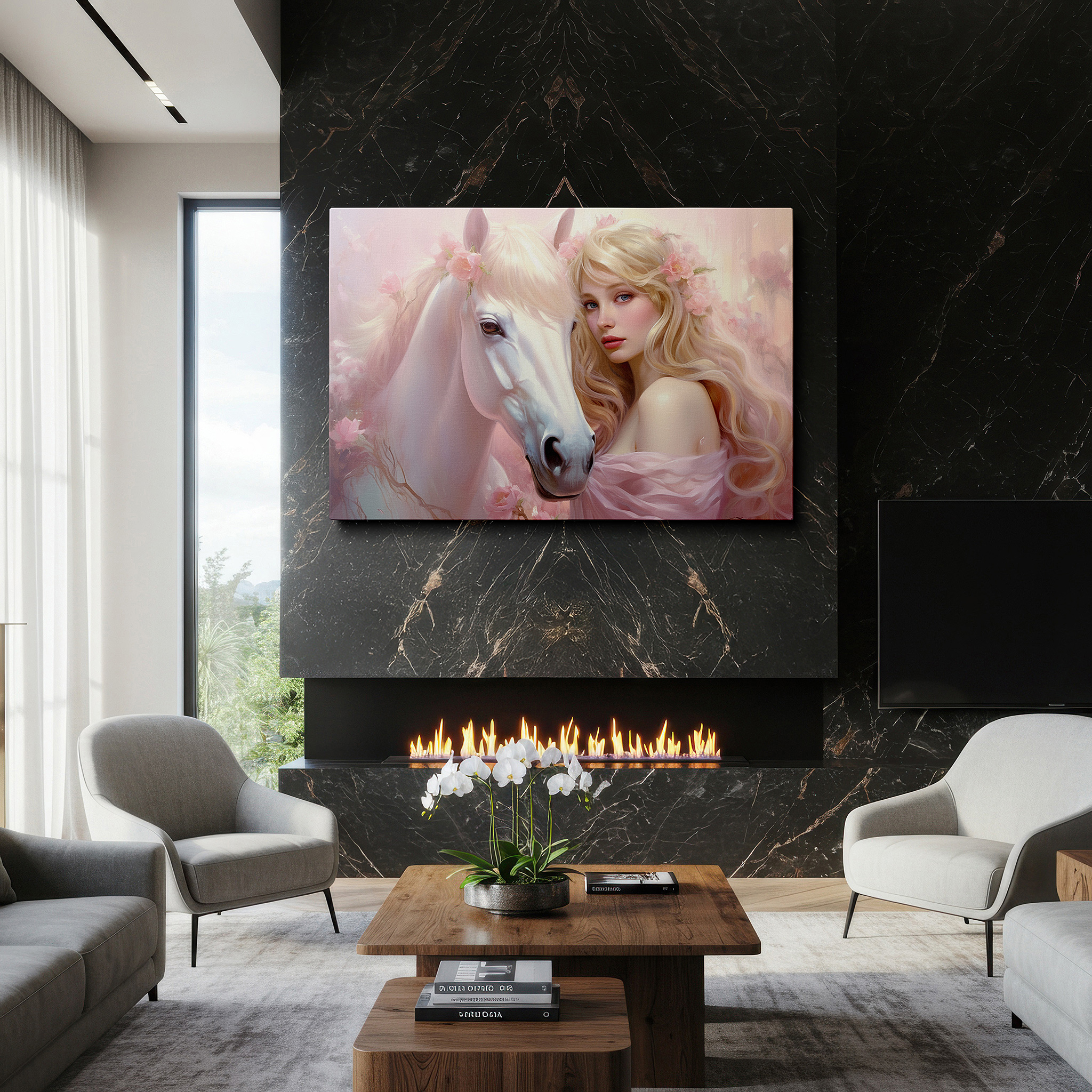 Set in a minimalist interior with textured walls and soft rugs — serene woman with majestic white horse in a dreamy pastel landscape - large canvas wall art for office and bedroom decor