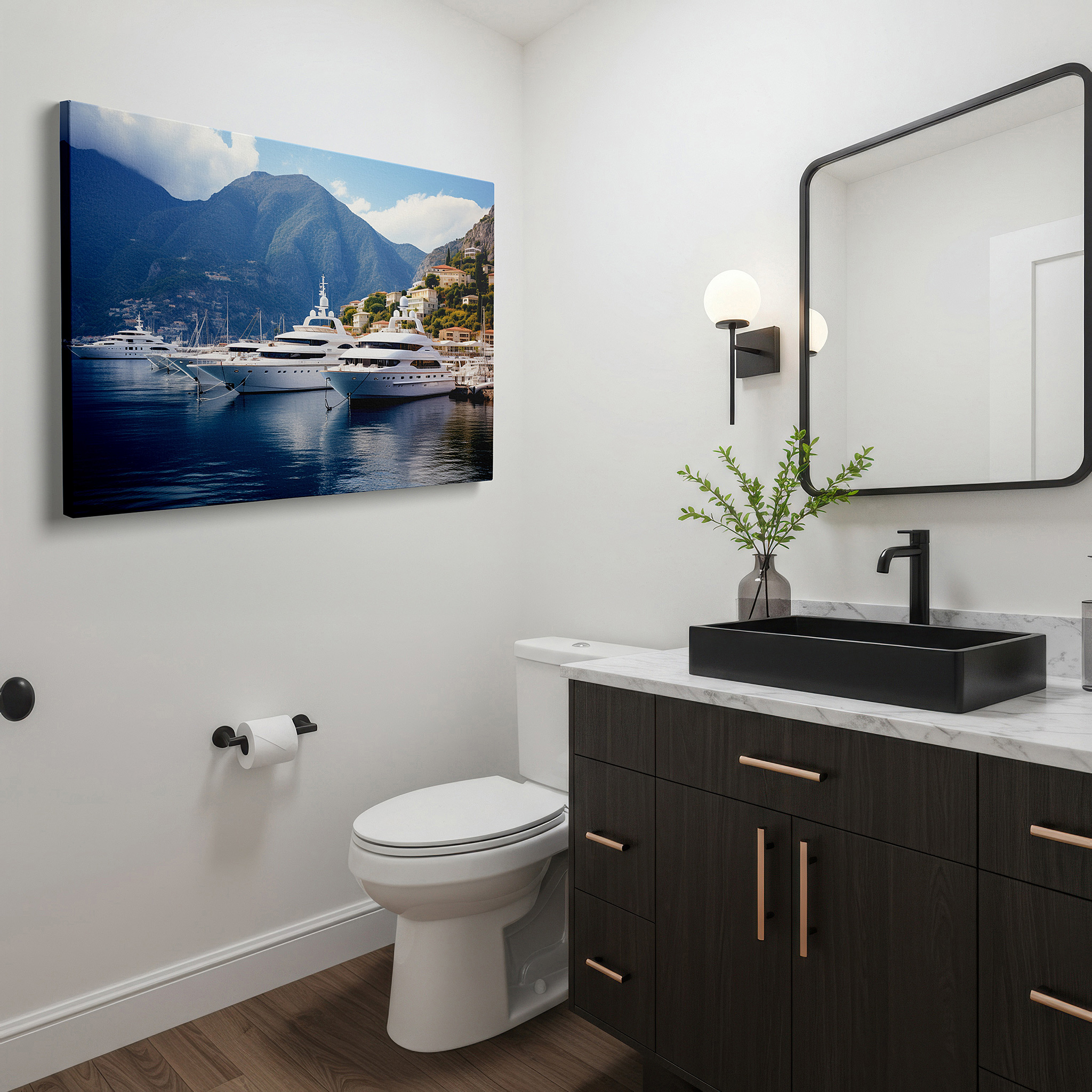 Set in a minimalist interior with textured walls and soft rugs — serene yacht harbor elegance with majestic mountains and tranquil blue skies - large canvas wall art for office decor