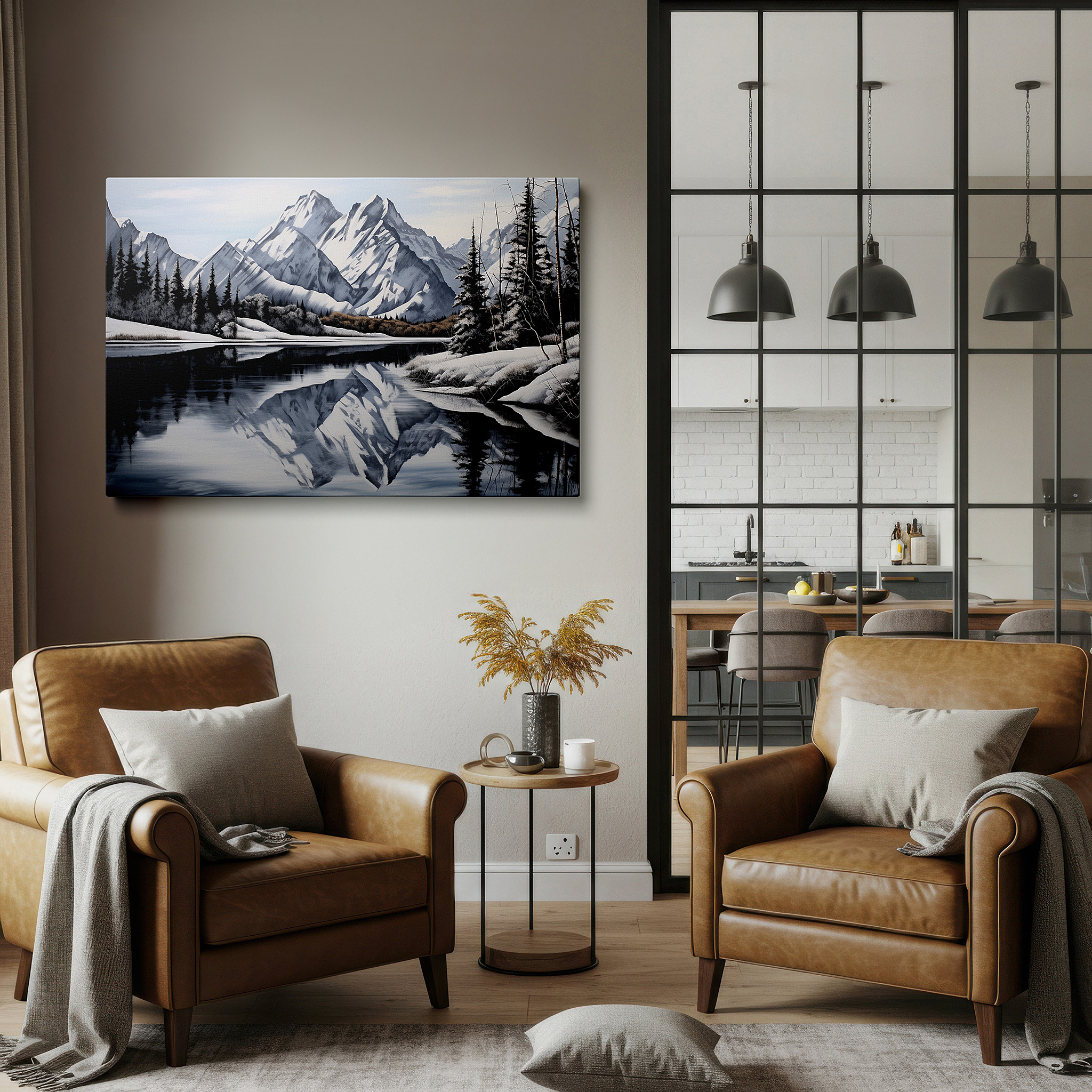 Set in a minimalist interior with textured walls and soft rugs — snow-capped mountain and reflective lake large canvas wall art for office, bedroom, and living room decor