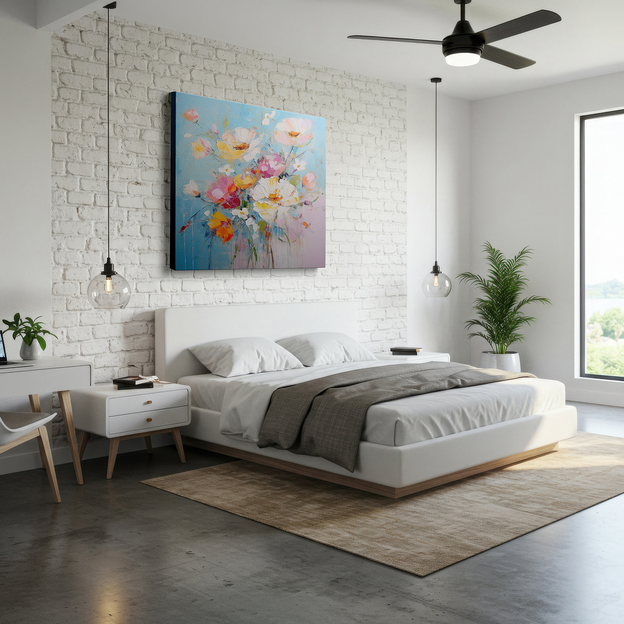 Set in a minimalist interior with textured walls and soft rugs — soft pastel spring blooms: enchanting floral masterpiece for tranquil spaces - large canvas wall art decor for offices