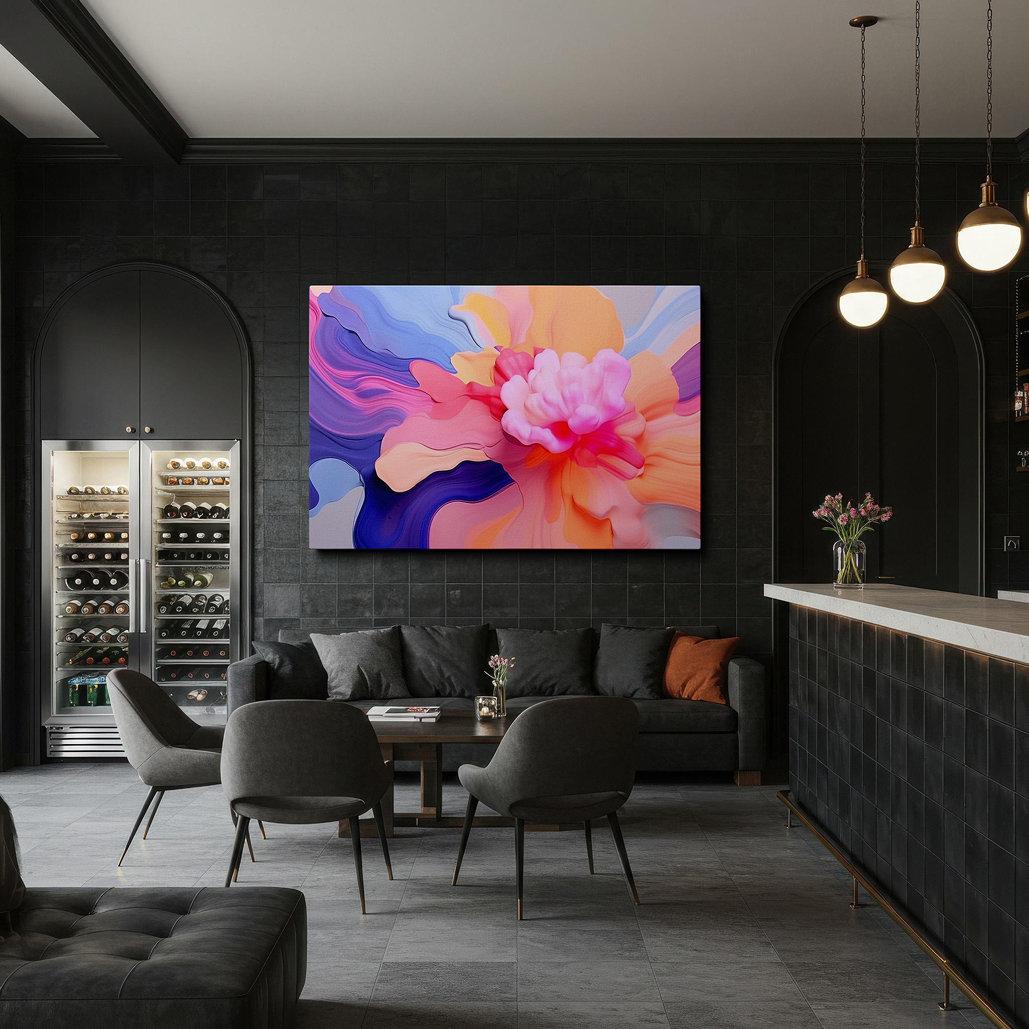 Set in a minimalist interior with textured walls and soft rugs — soft pastel and vibrant floral abstract art, tranquil and engaging large canvas wall decor for office