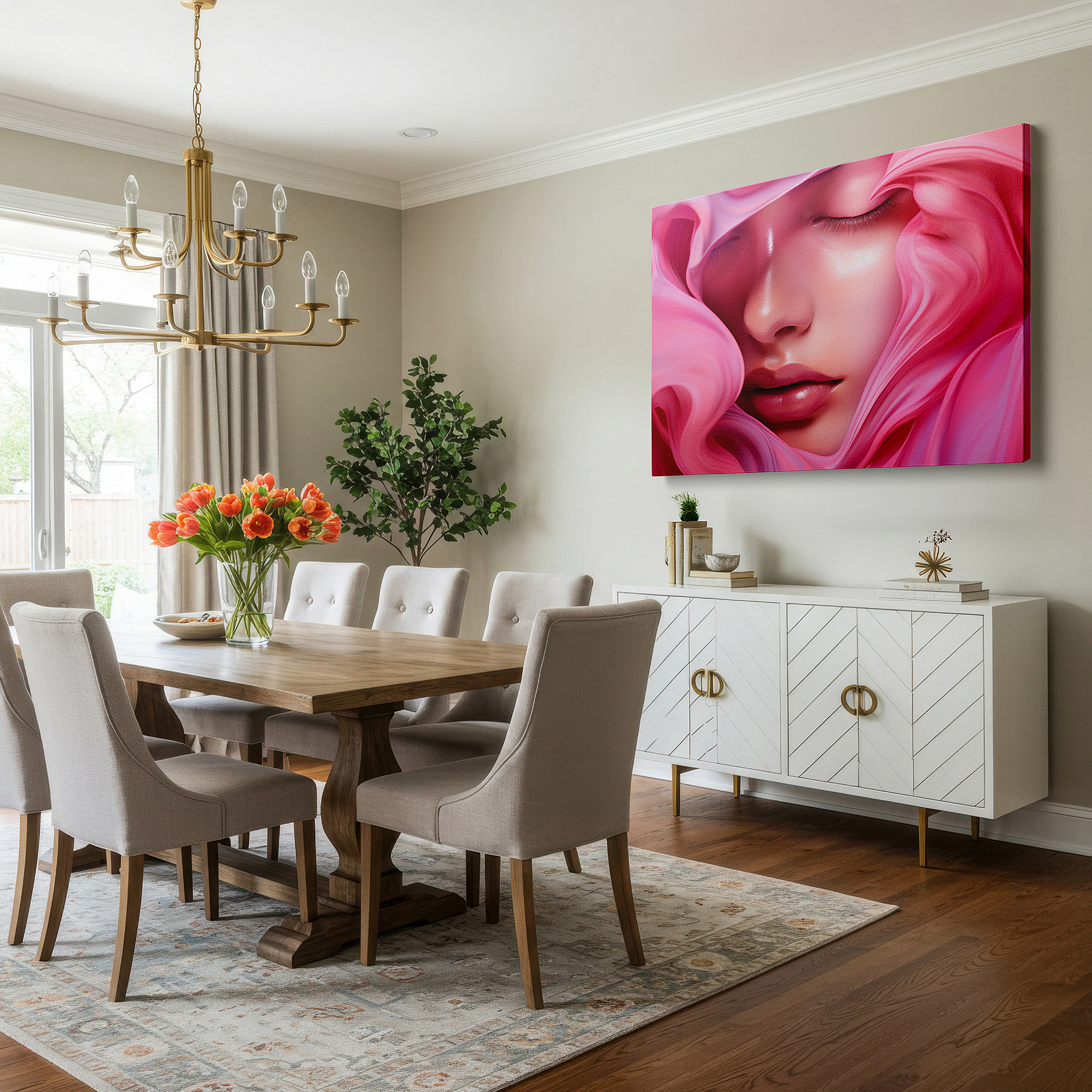 Set in a minimalist interior with textured walls and soft rugs — soft pink fabric depicting ethereal serenity: a tranquil, introspective large wall art for peaceful decor in offices and homes