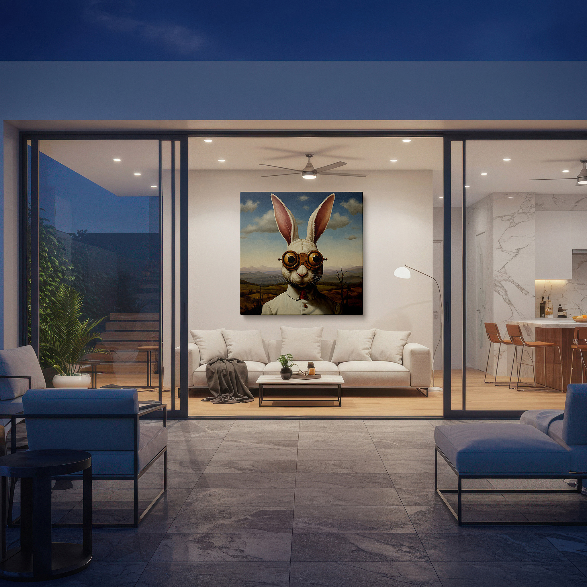 Set in a minimalist interior with textured walls and soft rugs — steampunk rabbit wall art: whimsical and mechanical twilight scene, large canvas art for home and office decor
