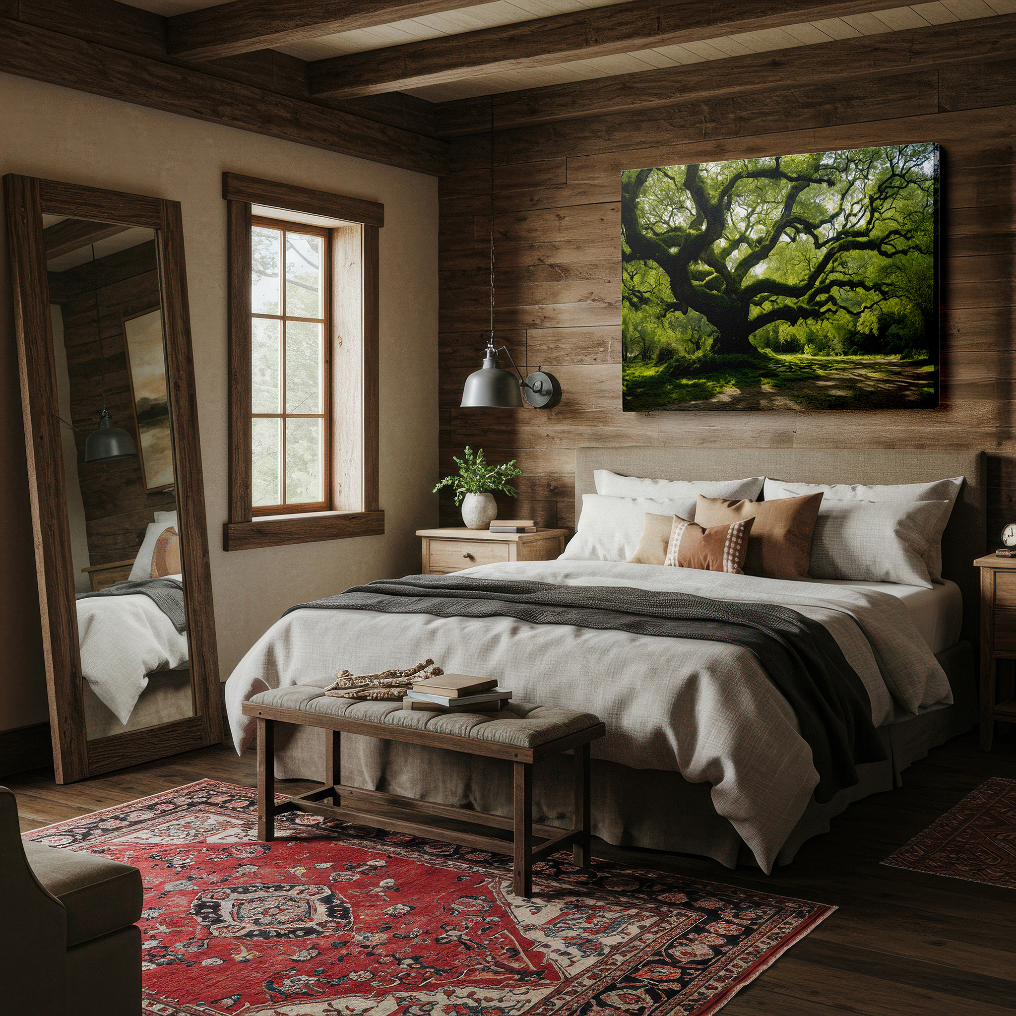 Set in a minimalist interior with textured walls and soft rugs — sun-dappled ancient tree: a tranquil sanctuary of strength - large canvas wall art for office decor