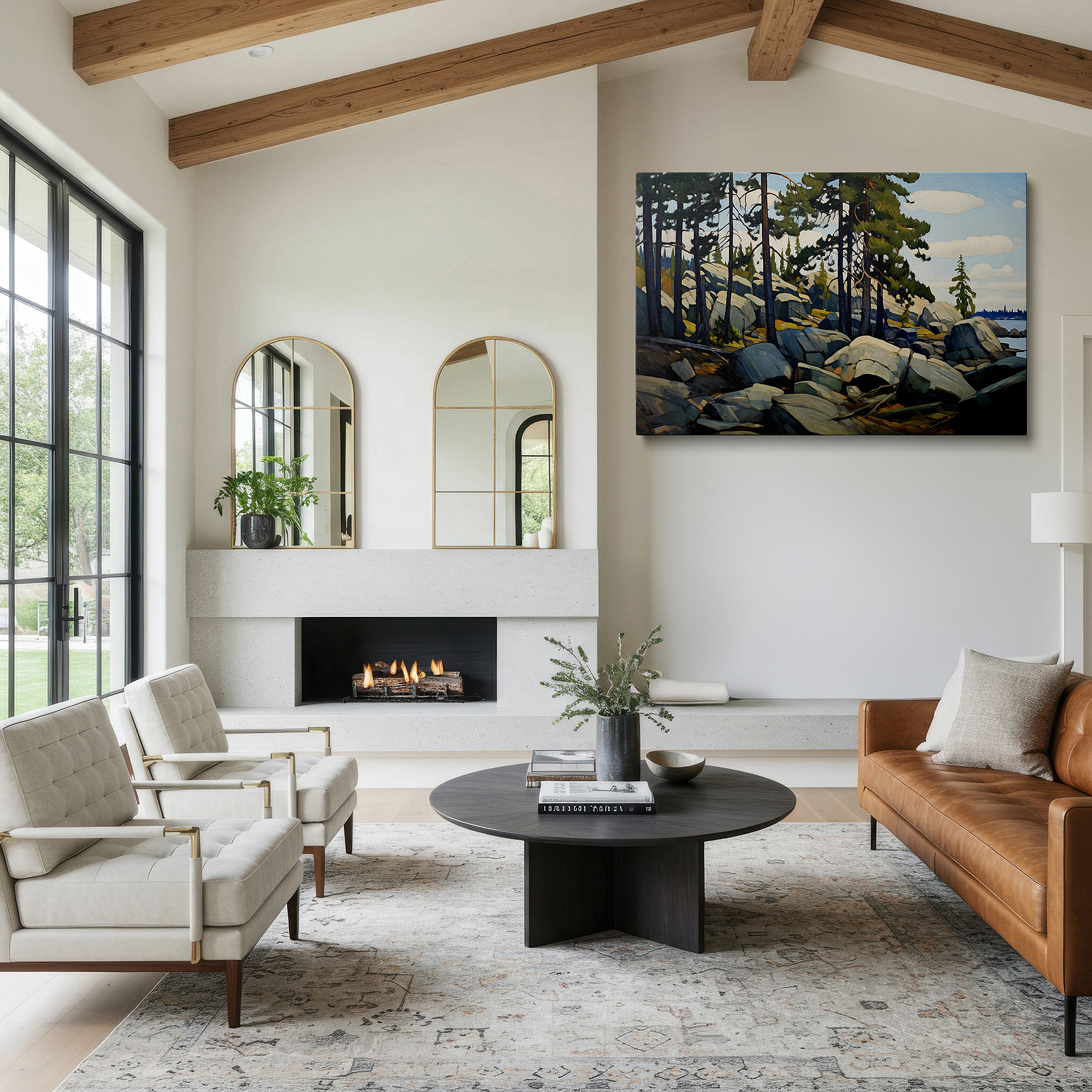 Set in a minimalist interior with textured walls and soft rugs — sunlit pines and granite boulders by a peaceful waterway large wall art, canvas wall art, wall decor for office, bedroom, and living room