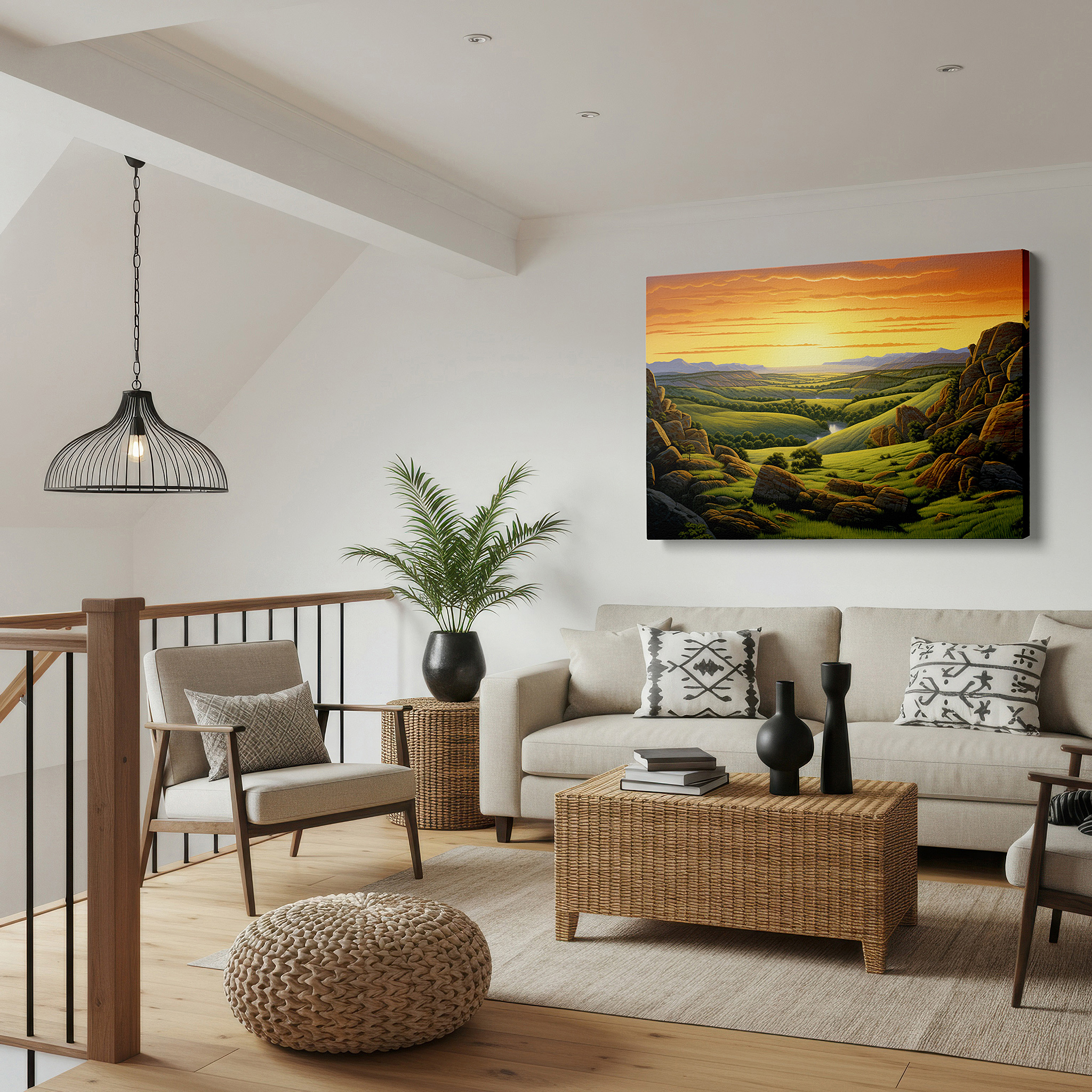 Set in a minimalist interior with textured walls and soft rugs — sunrise over rolling hills: tranquil landscape large wall art for daily inspiration - perfect for office and bedroom decor