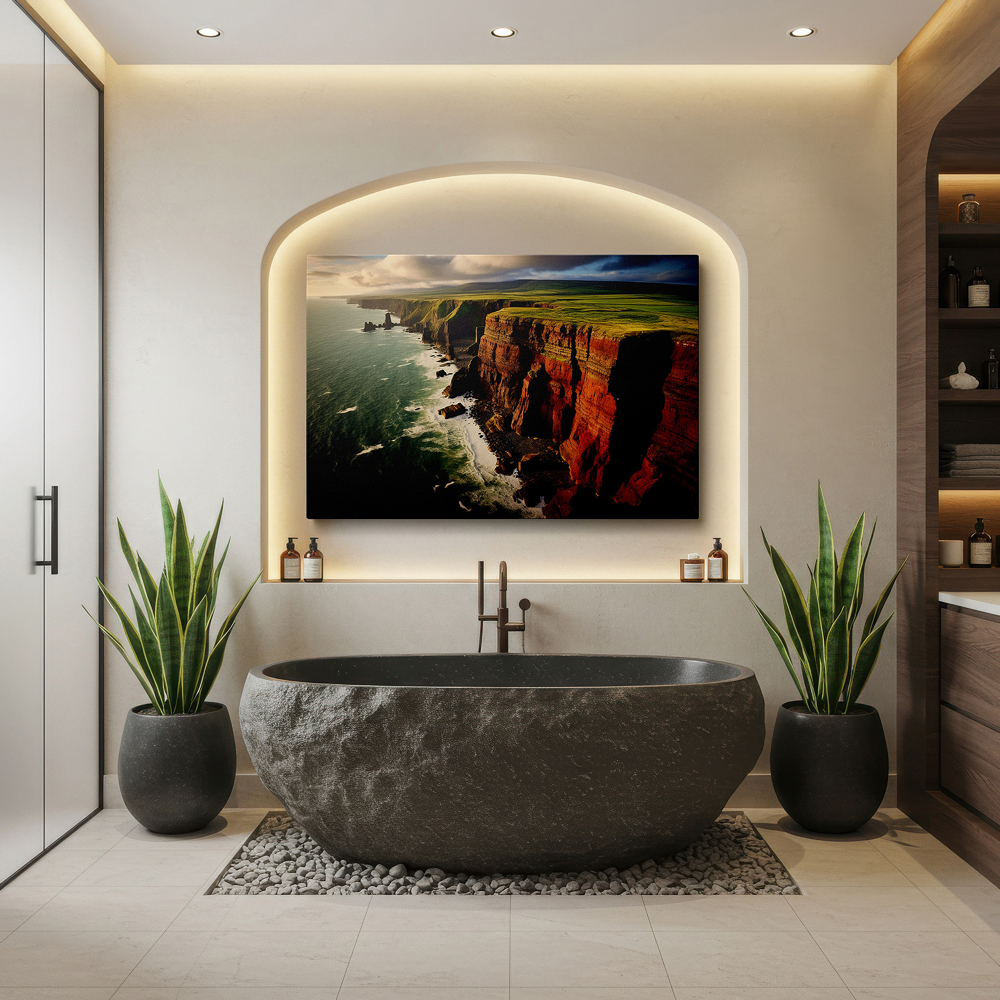 Set in a minimalist interior with textured walls and soft rugs — sunset cliffs, protectors of the peaceful sea, inviting tranquil view large wall art, canvas wall art, wall decor, office wall art, bedroom wall art