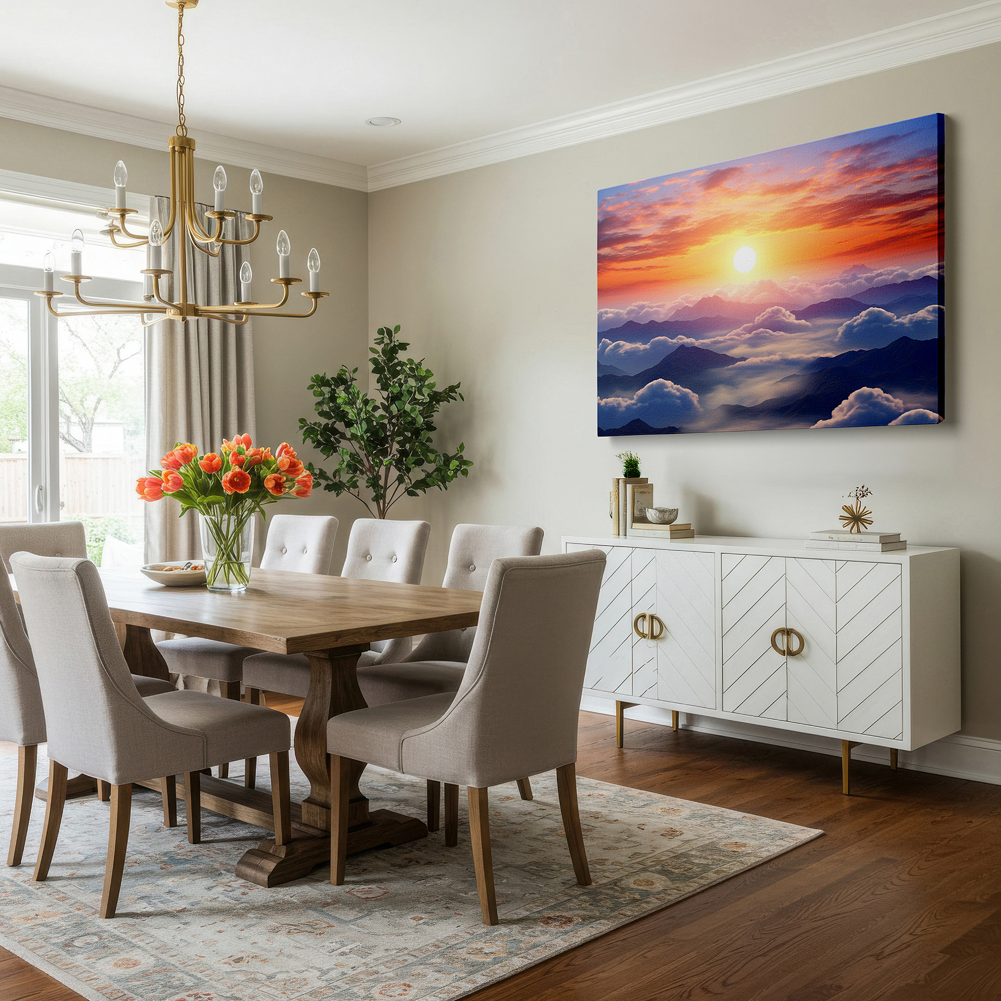 Set in a minimalist interior with textured walls and soft rugs — sunset majesty and ethereal clouds over rugged mountains, tranquil hues large canvas wall art for office and bedroom decor