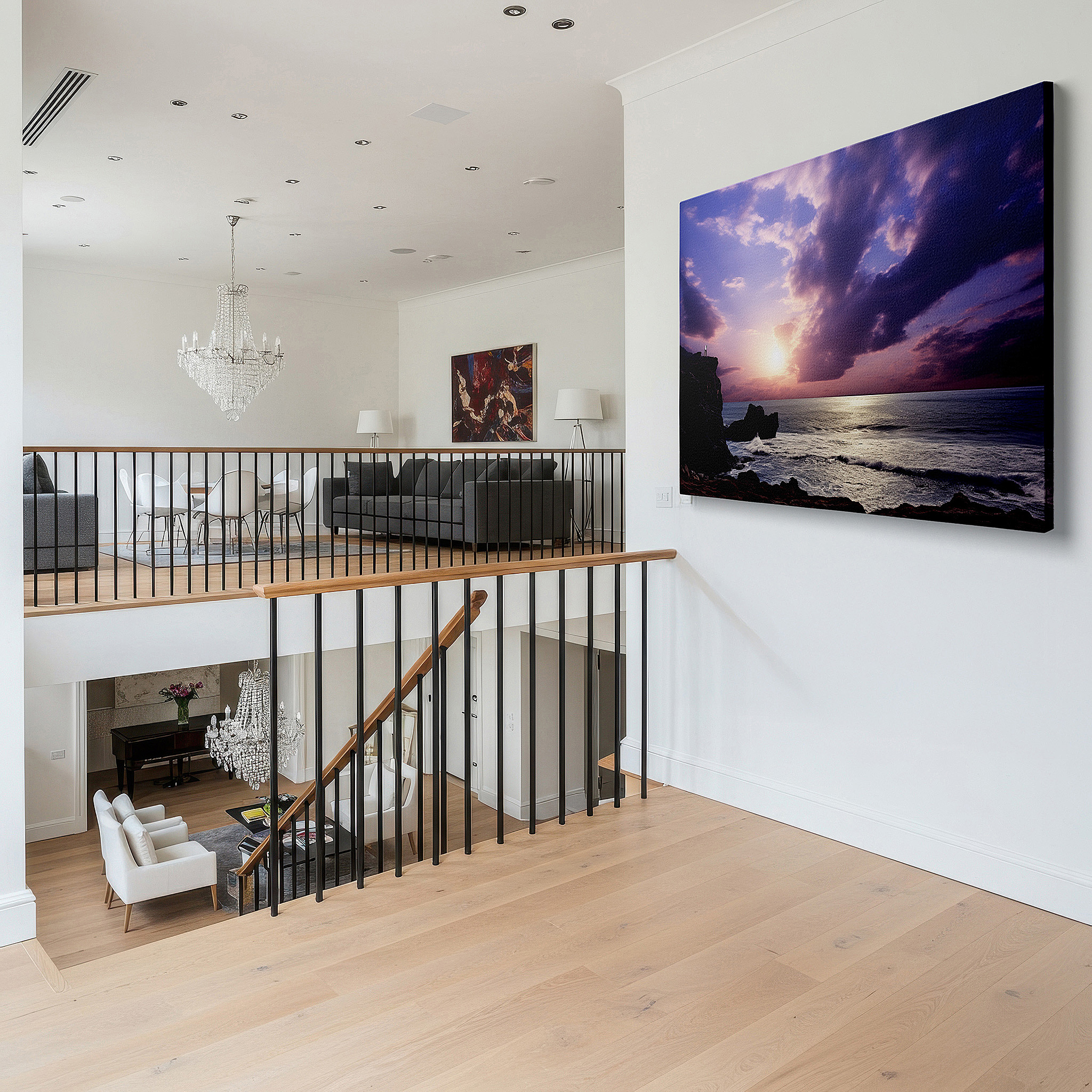 Set in a minimalist interior with textured walls and soft rugs — sunset over ocean: serene sanctuary with fiery skies and whispering waves - large canvas wall art for home and office decor