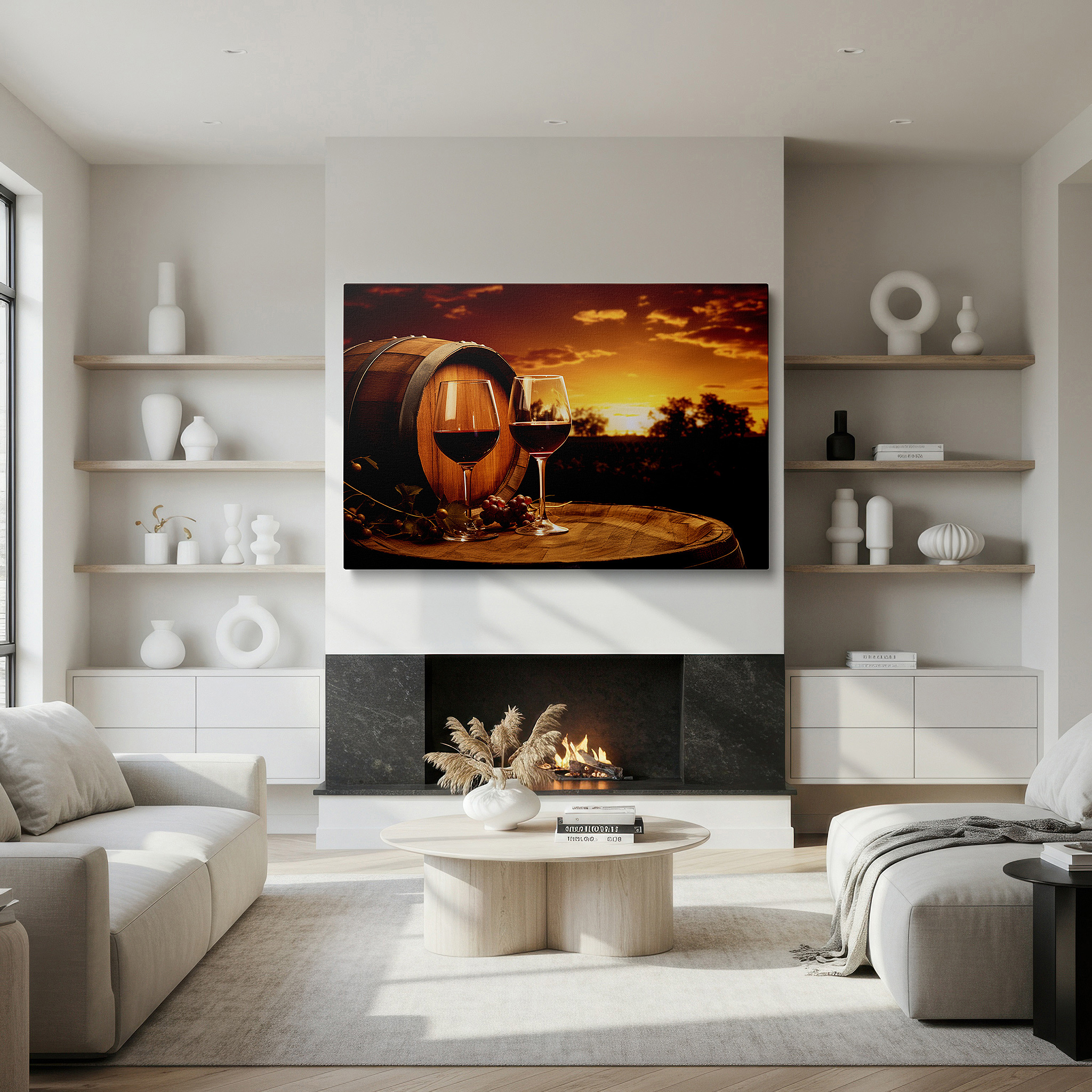 Set in a minimalist interior with textured walls and soft rugs — sunset serenade wall art featuring wine glasses, grapes, and a rustic barrel - large canvas for office, bedroom, and living room decor