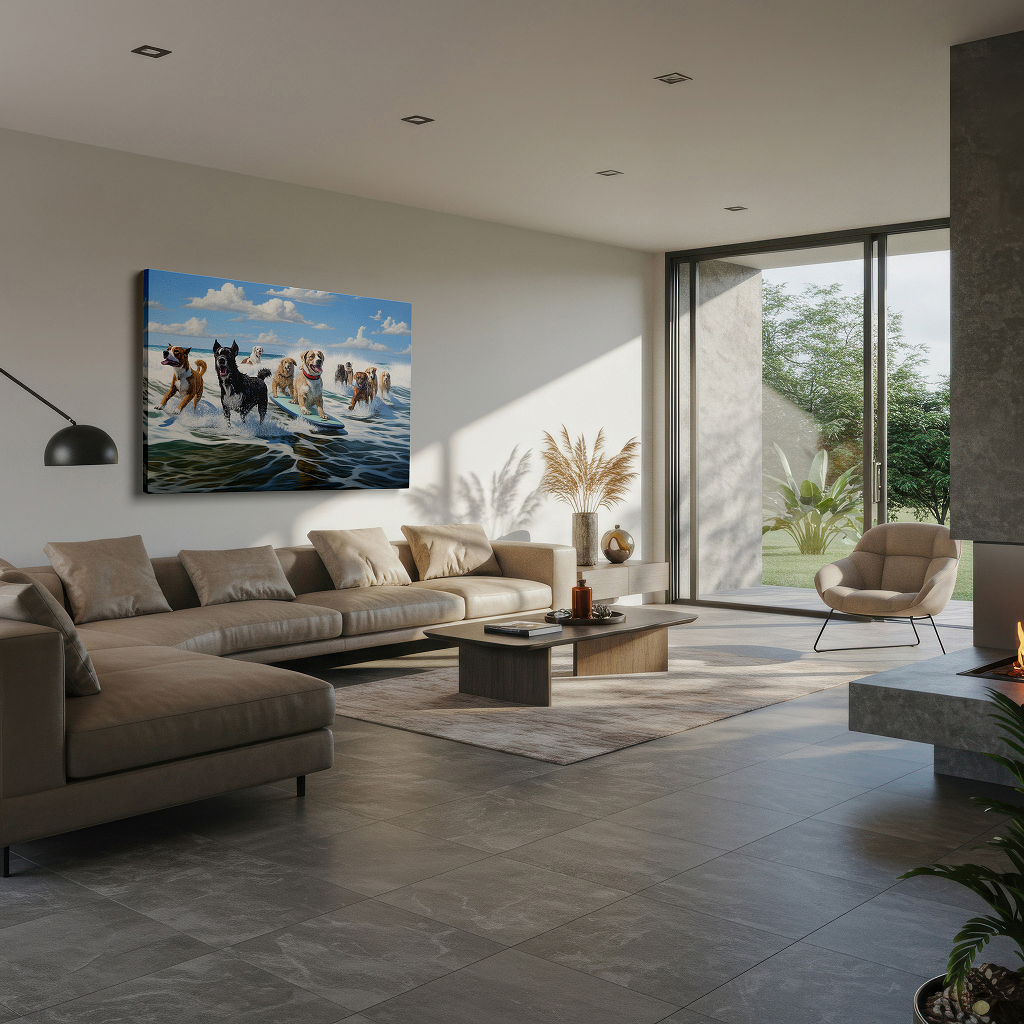 Set in a minimalist interior with textured walls and soft rugs — surf's pup - delighted dogs surfing under a golden sun large wall art, canvas wall art, decorative wall art for offices, bedrooms, and living rooms