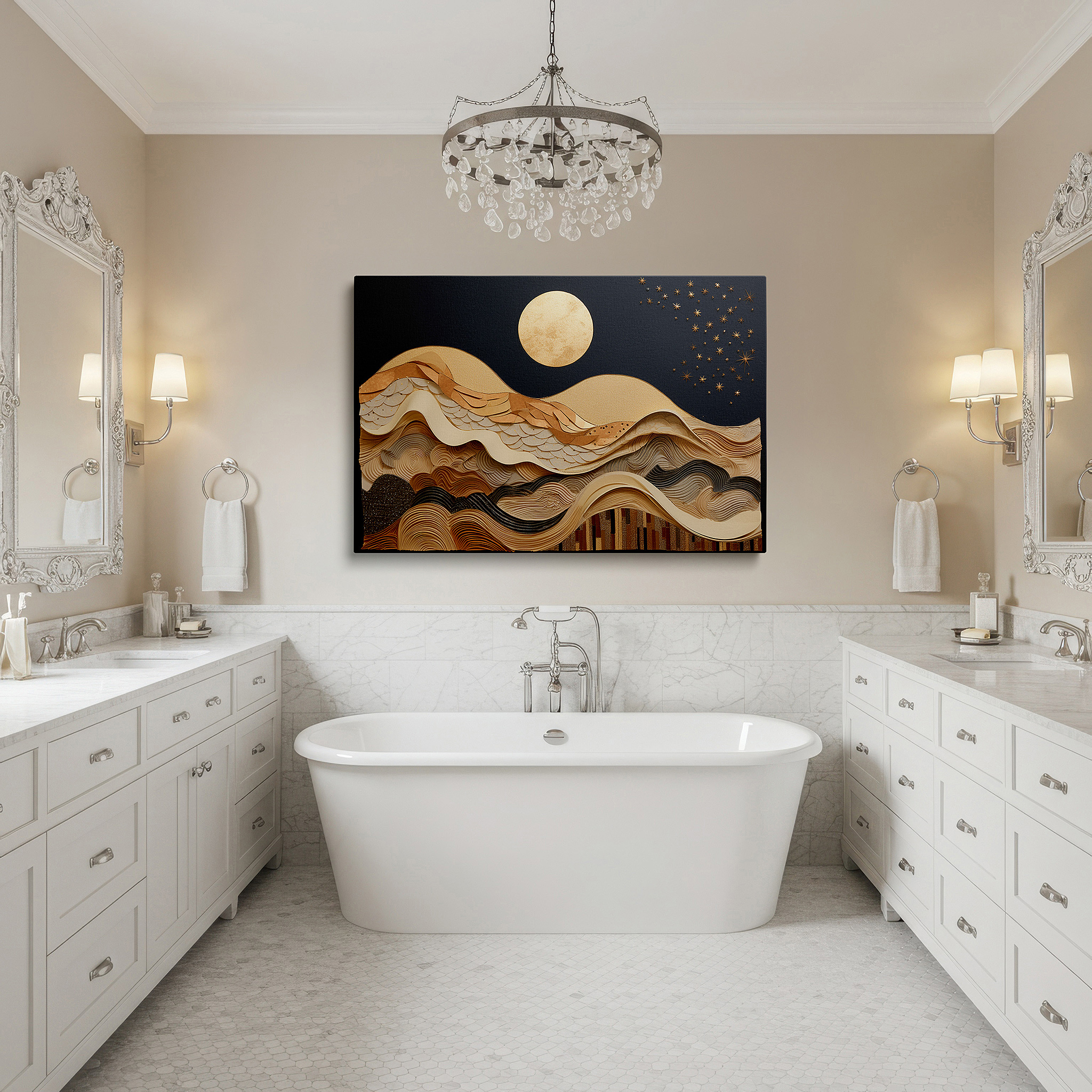 Set in a minimalist interior with textured walls and soft rugs — textured waves and golden moon in a deep blue sky - capturing nature's majestic beauty large wall art, canvas wall art, wall decor for office
