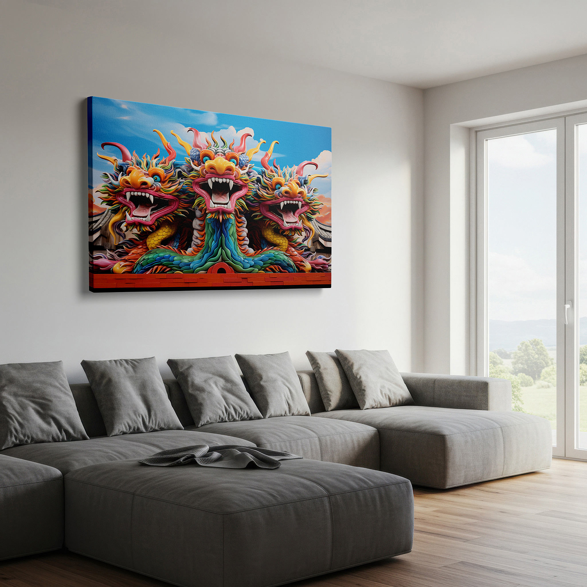 Set in a minimalist interior with textured walls and soft rugs — three-headed dragon wall art: a majestic and symbolic representation of asian mythology, ideal for home and office decor, available as large canvas wall art