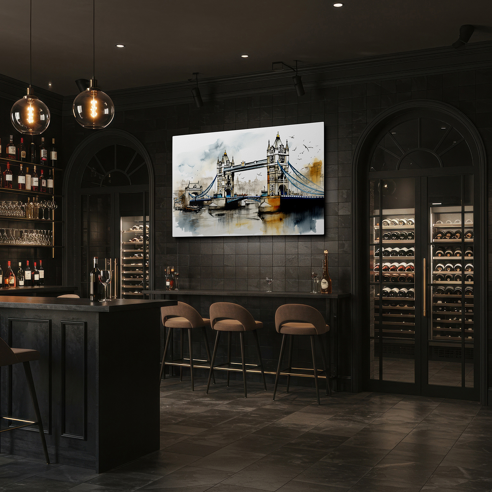 Set in a minimalist interior with textured walls and soft rugs — tower bridge wall art for office: a victorian gothic masterpiece and a tribute to london's history - large canvas wall art decor