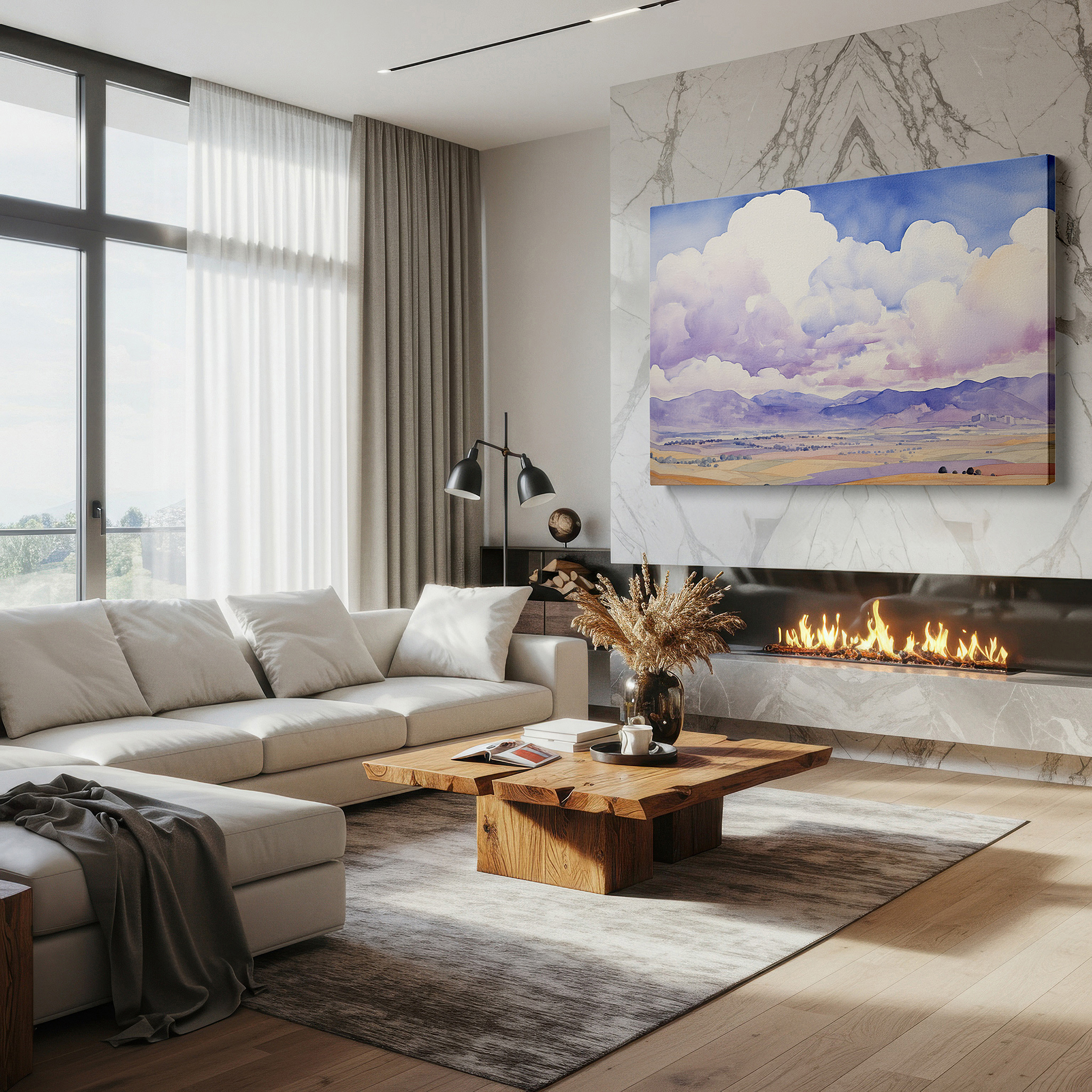 Set in a minimalist interior with textured walls and soft rugs — tranquil landscape with ethereal clouds and distant mountains, symphony of serenity large wall art, canvas wall art, wall decor for office