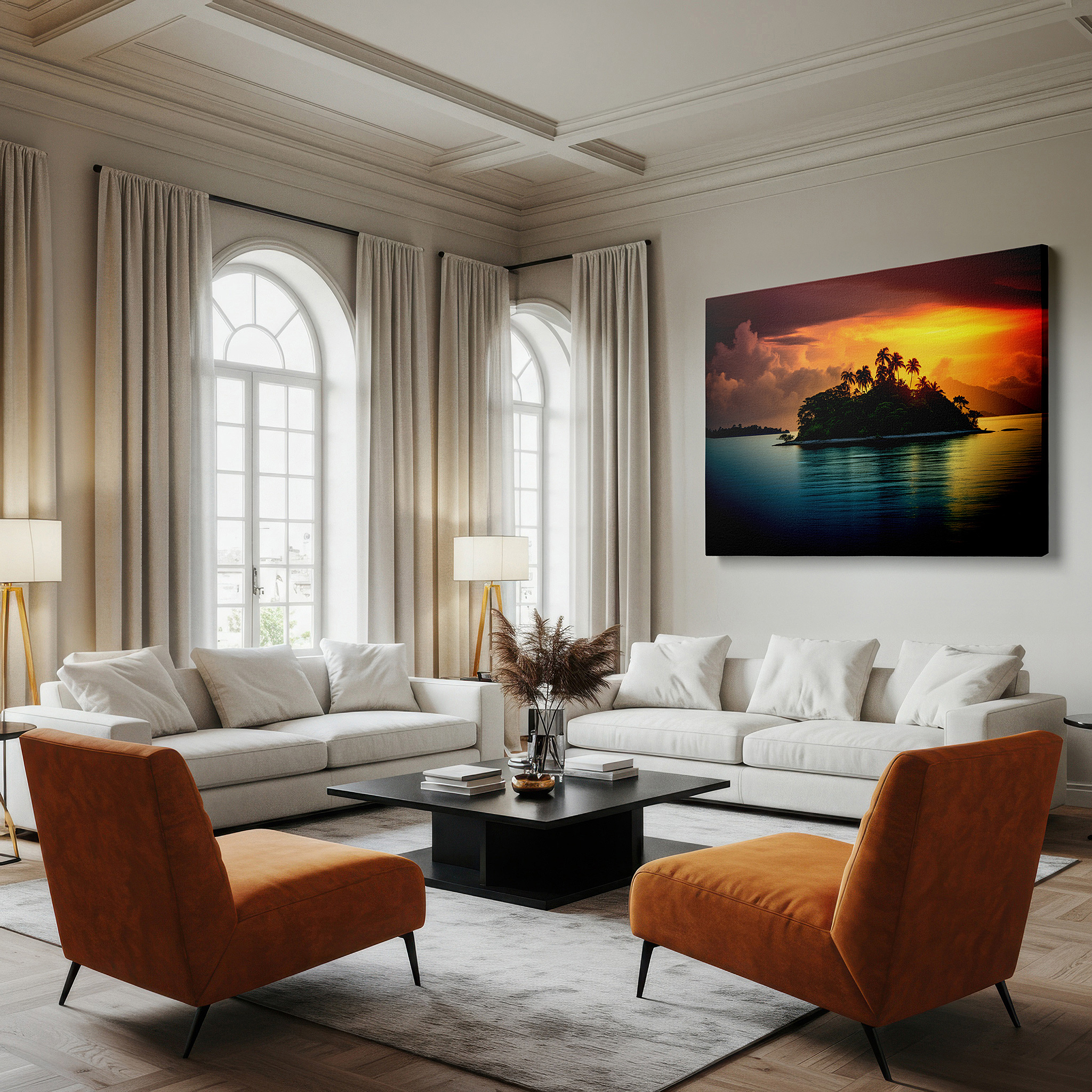 Set in a minimalist interior with textured walls and soft rugs — tropical paradise with fiery sunset and lush palms: large canvas wall art for office, bedroom, and living room decor