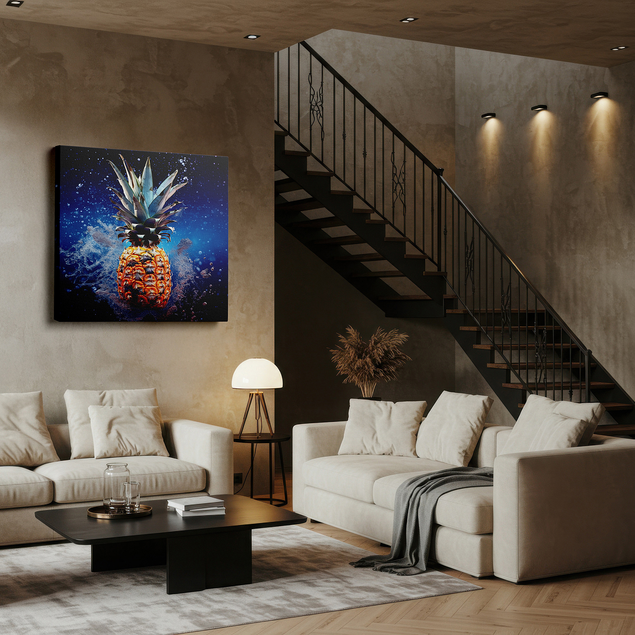 Set in a minimalist interior with textured walls and soft rugs — tropical pineapple splash wall art: vibrant summer symphony on deep ocean blue canvas, perfect for office or bedroom decor