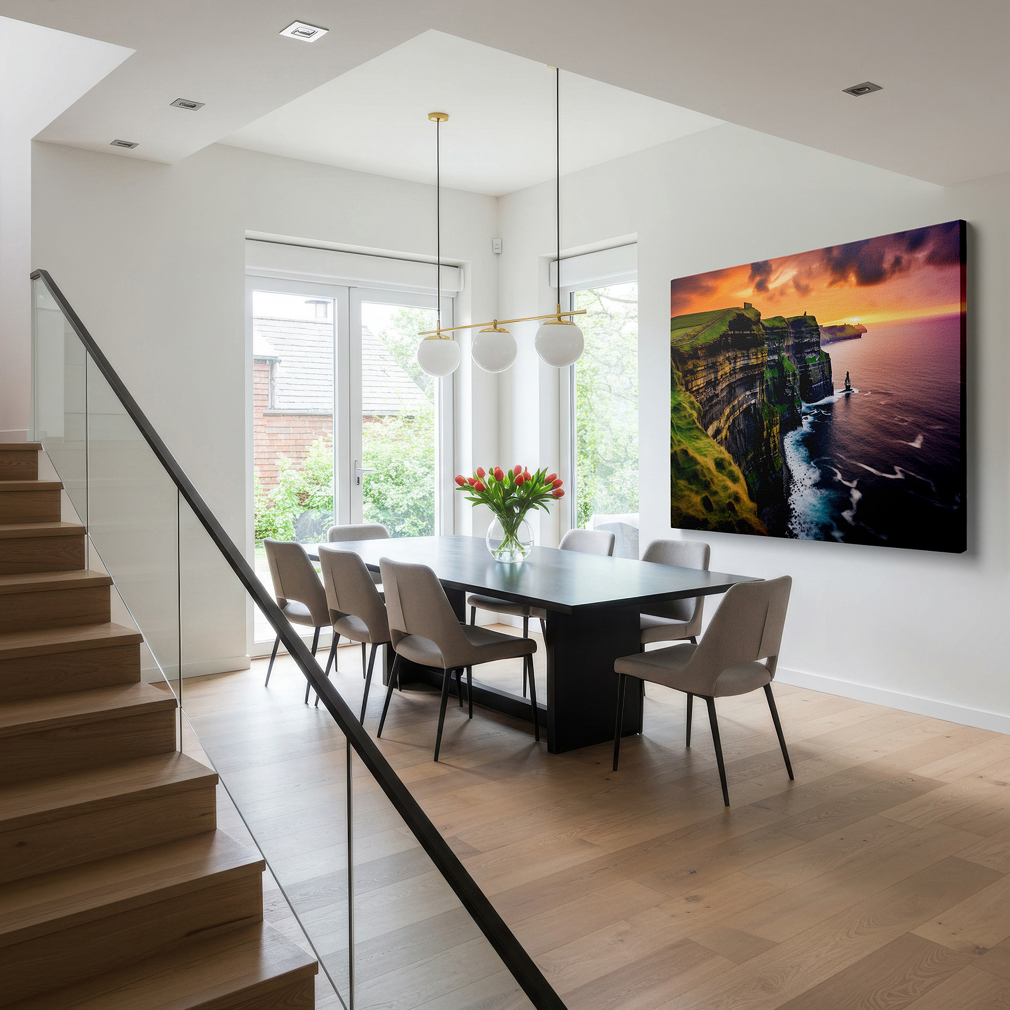 Set in a minimalist interior with textured walls and soft rugs — twilight majesty: cliffs overlooking the serene ocean - large canvas wall art for office, bedroom, and living room decor