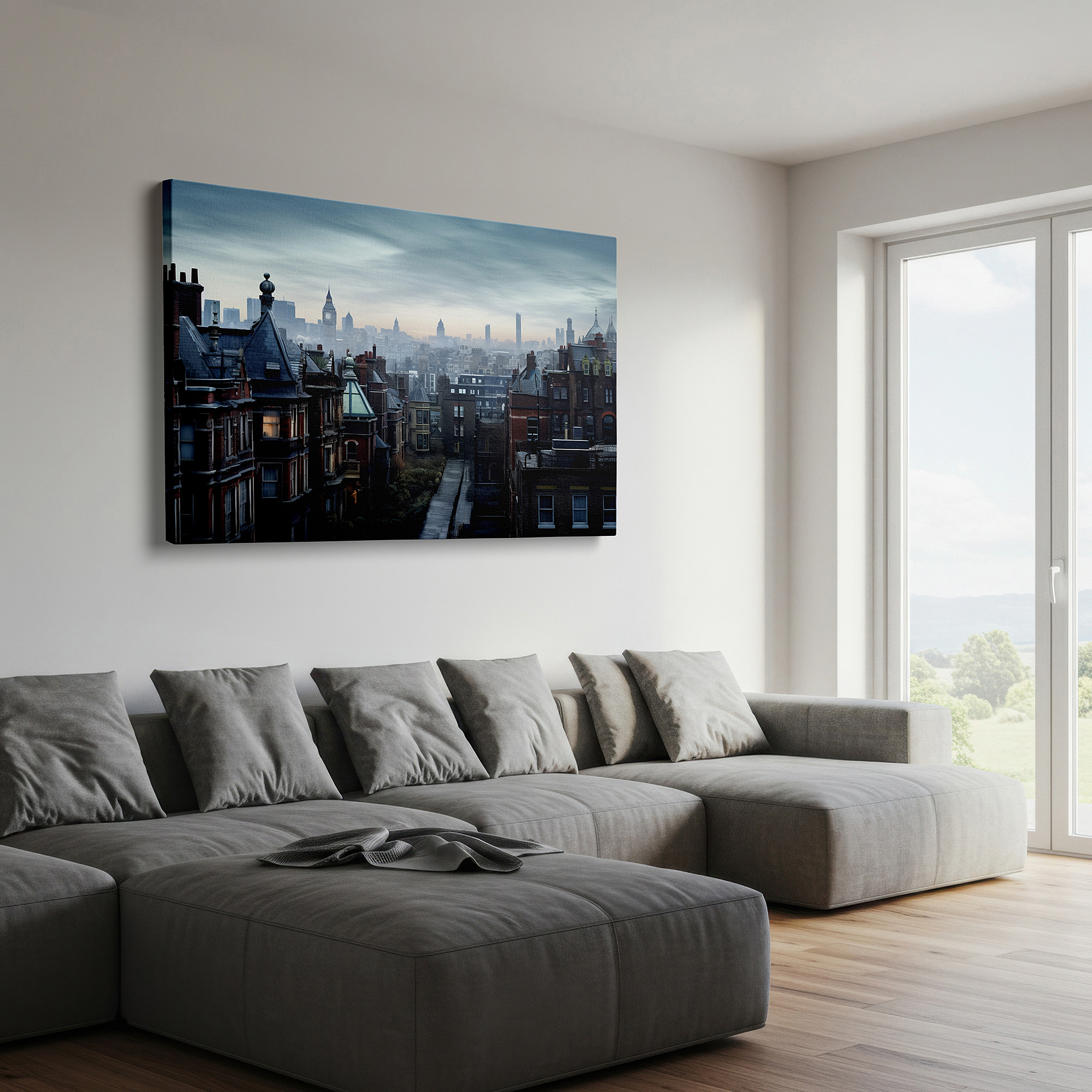 Set in a minimalist interior with textured walls and soft rugs — urban dusk: solitude and reflection cityscape - large wall art, canvas, decor for office, bedroom, and living spaces