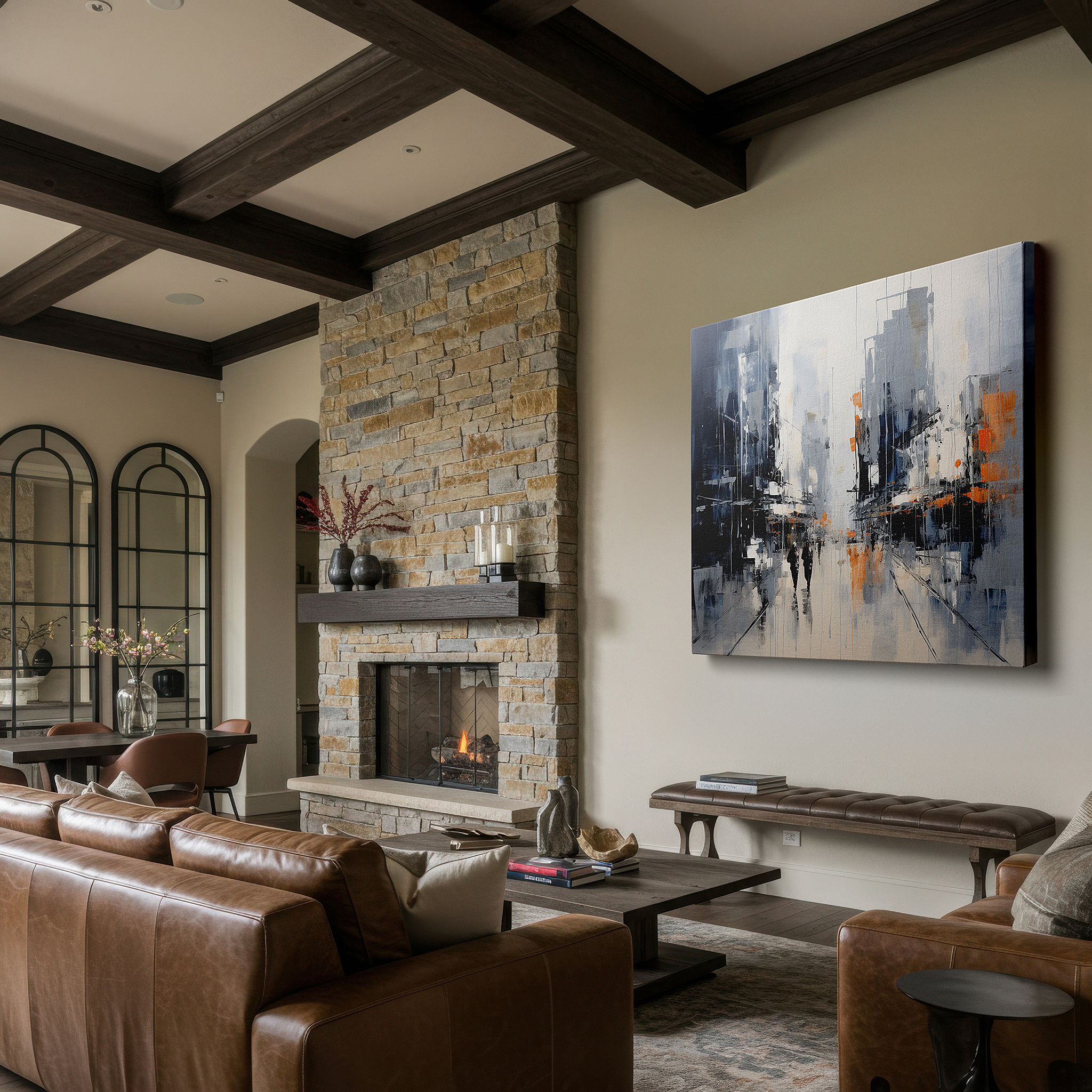 Set in a minimalist interior with textured walls and soft rugs — urban friendship amidst bright city colors large wall art, canvas wall art, wall decor, office wall art, bedroom wall art, living room wall art