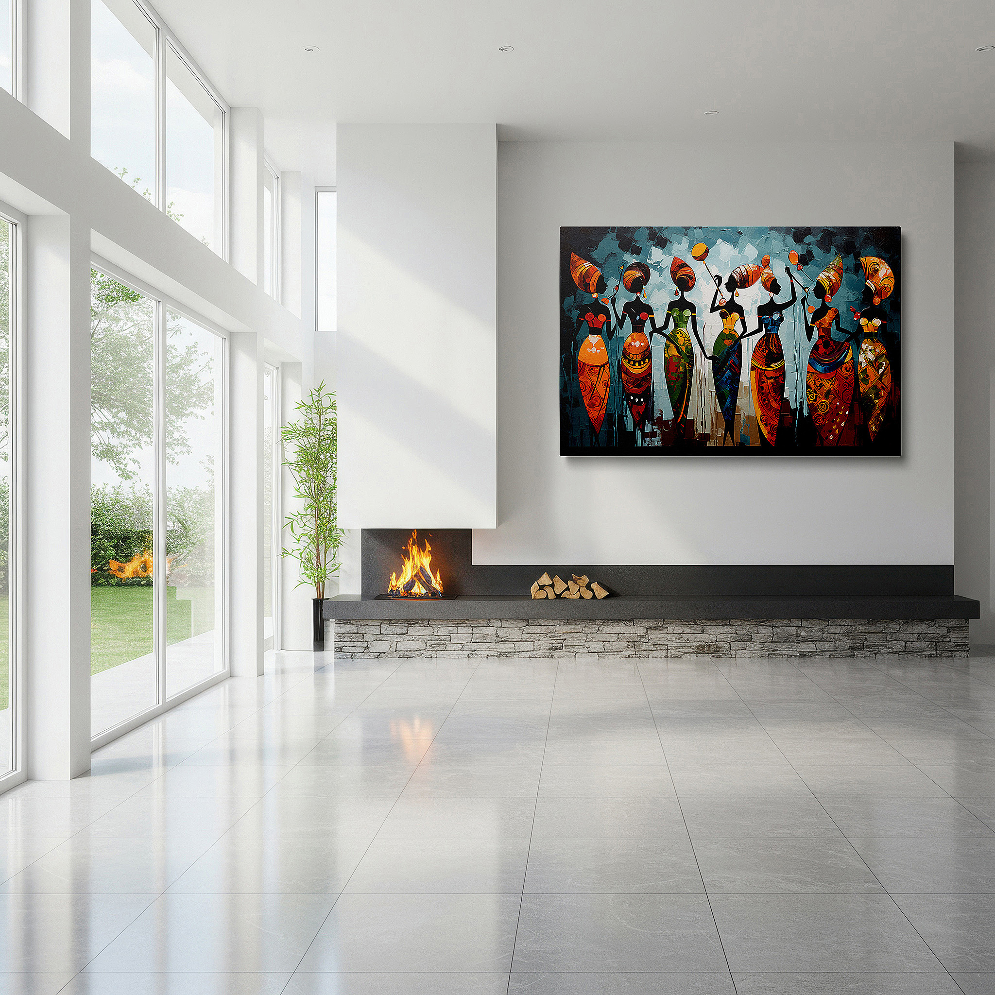 Set in a minimalist interior with textured walls and soft rugs — vibrant celebration of cultural diversity: abstract traditional attire large wall art, canvas wall art, wall decor for office