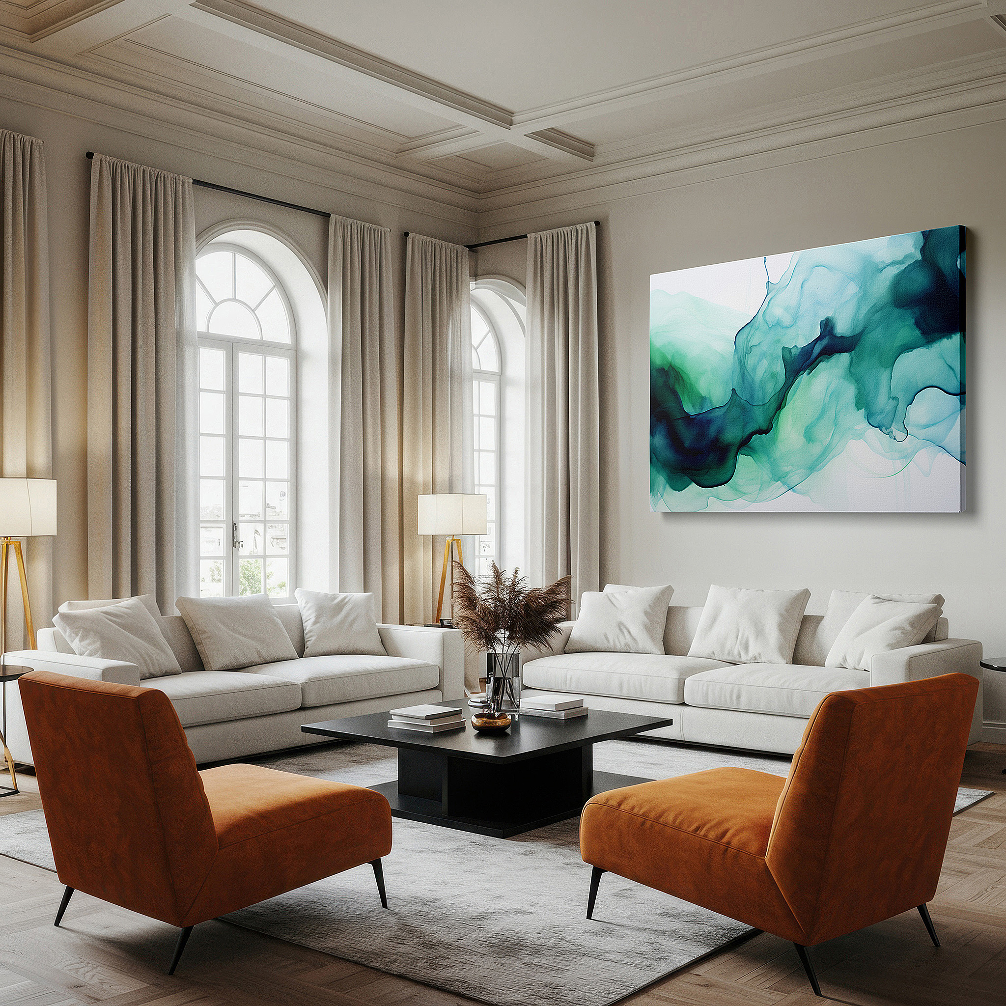 Set in a minimalist interior with textured walls and soft rugs — vibrant teal and green shades elegantly sweep over the canvas in a radiant exhibition of abstract expressionism, large wall art, canvas wall art, wall art