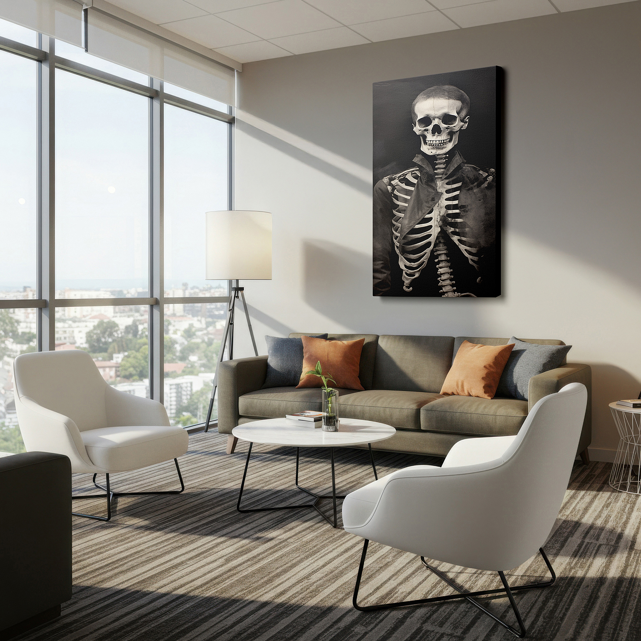 Set in a minimalist interior with textured walls and soft rugs — wall art: 19th-century skeleton in historical attire - large canvas for home and office decor, ideal for living rooms and bedrooms