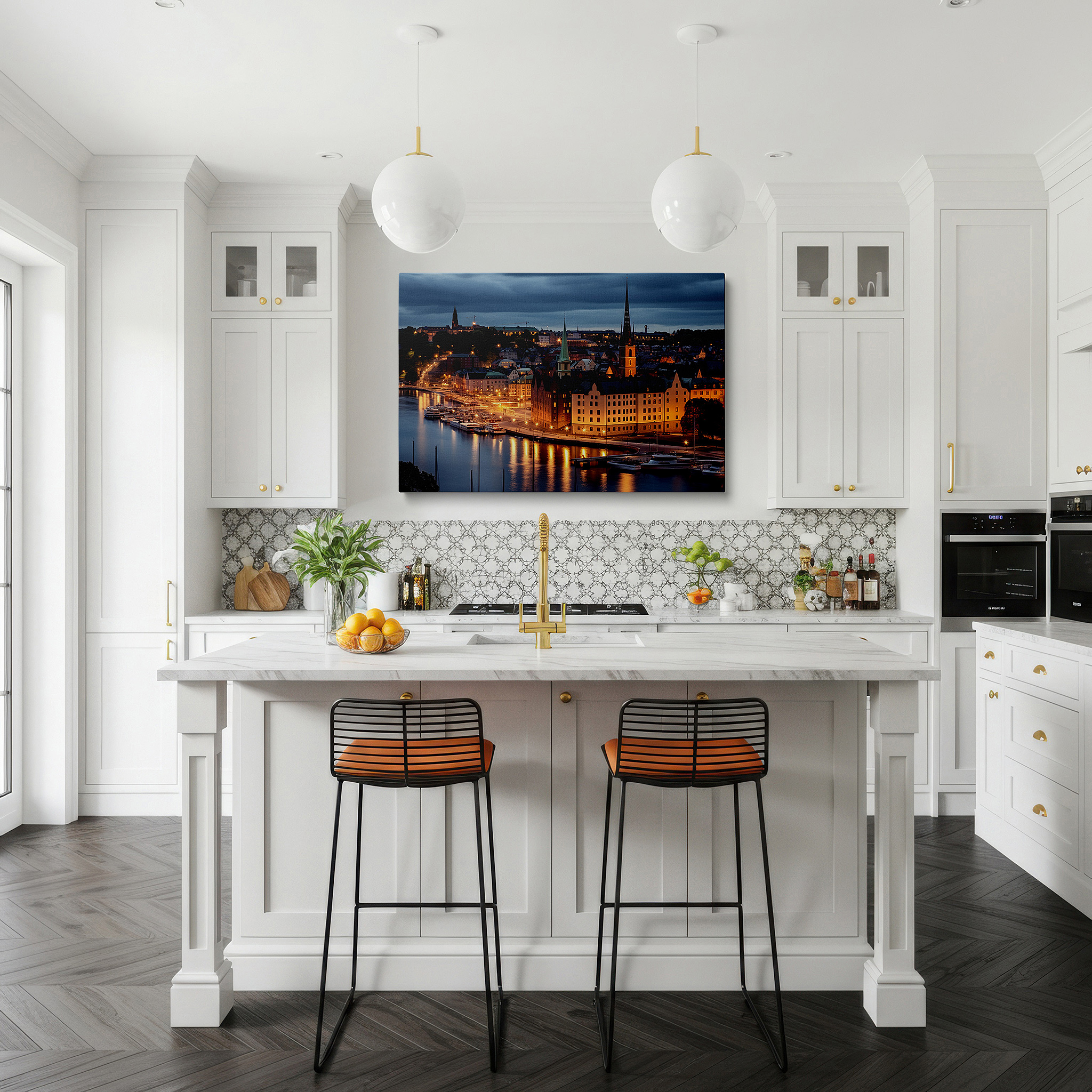 Set in a minimalist interior with textured walls and soft rugs — wall art: captivating night in stockholm - blending historical charm with contemporary energy, large canvas wall art, decorative wall art for office