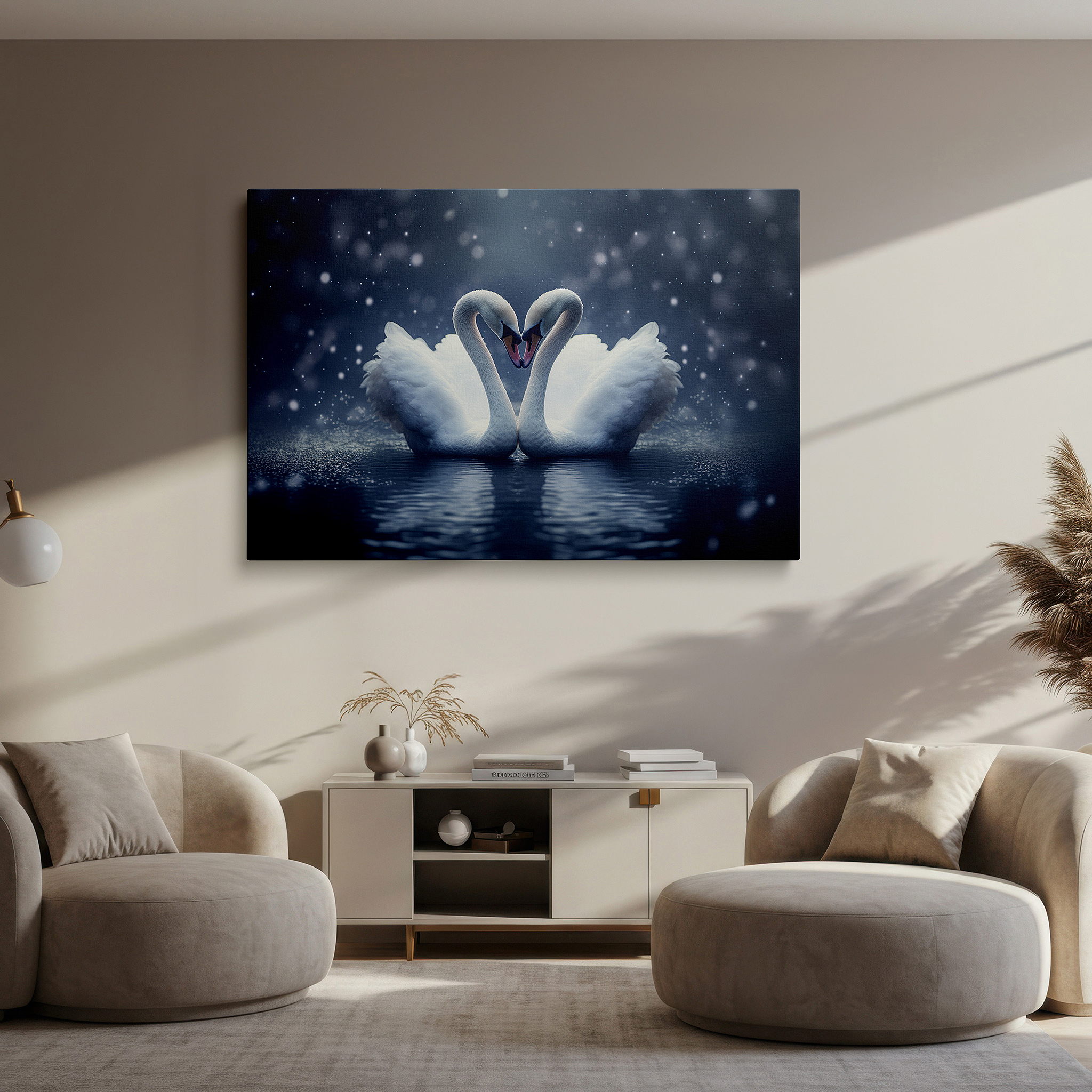 Set in a minimalist interior with textured walls and soft rugs — wall art: elegant swans creating a heart on peaceful waters - emblem of love and unity. ideal for home and office decor, including large canvas options for bedrooms.