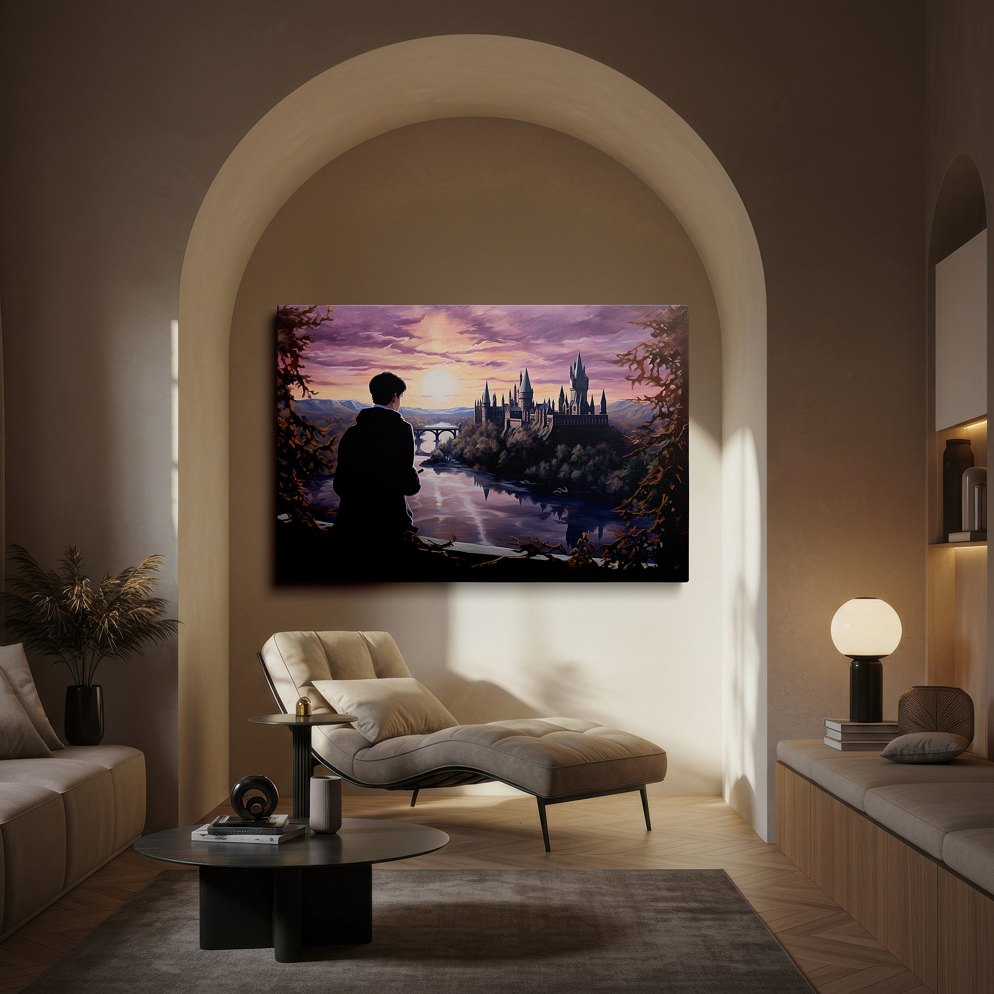 Set in a minimalist interior with textured walls and soft rugs — wall art: enchanting castle at sunset featuring a mysterious cloaked figure - ideal for office and bedroom decor, large canvas wall art
