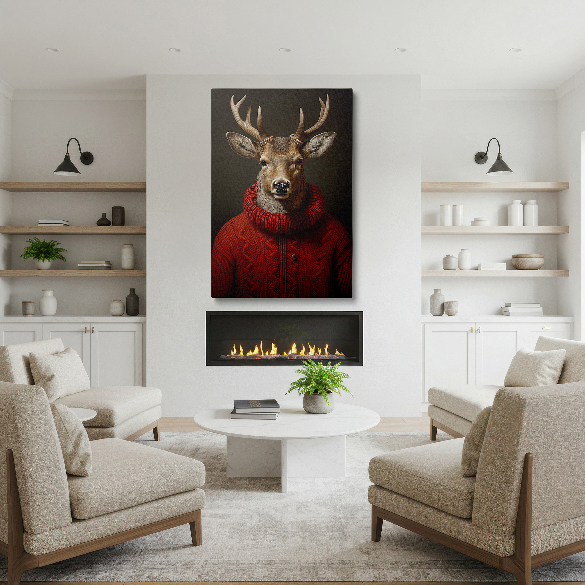 Set in a minimalist interior with textured walls and soft rugs — wall art: enchanting deer in a red sweater surrounded by gentle forest - a playful fusion of nature and comfort. large canvas wall art for home and office decor.