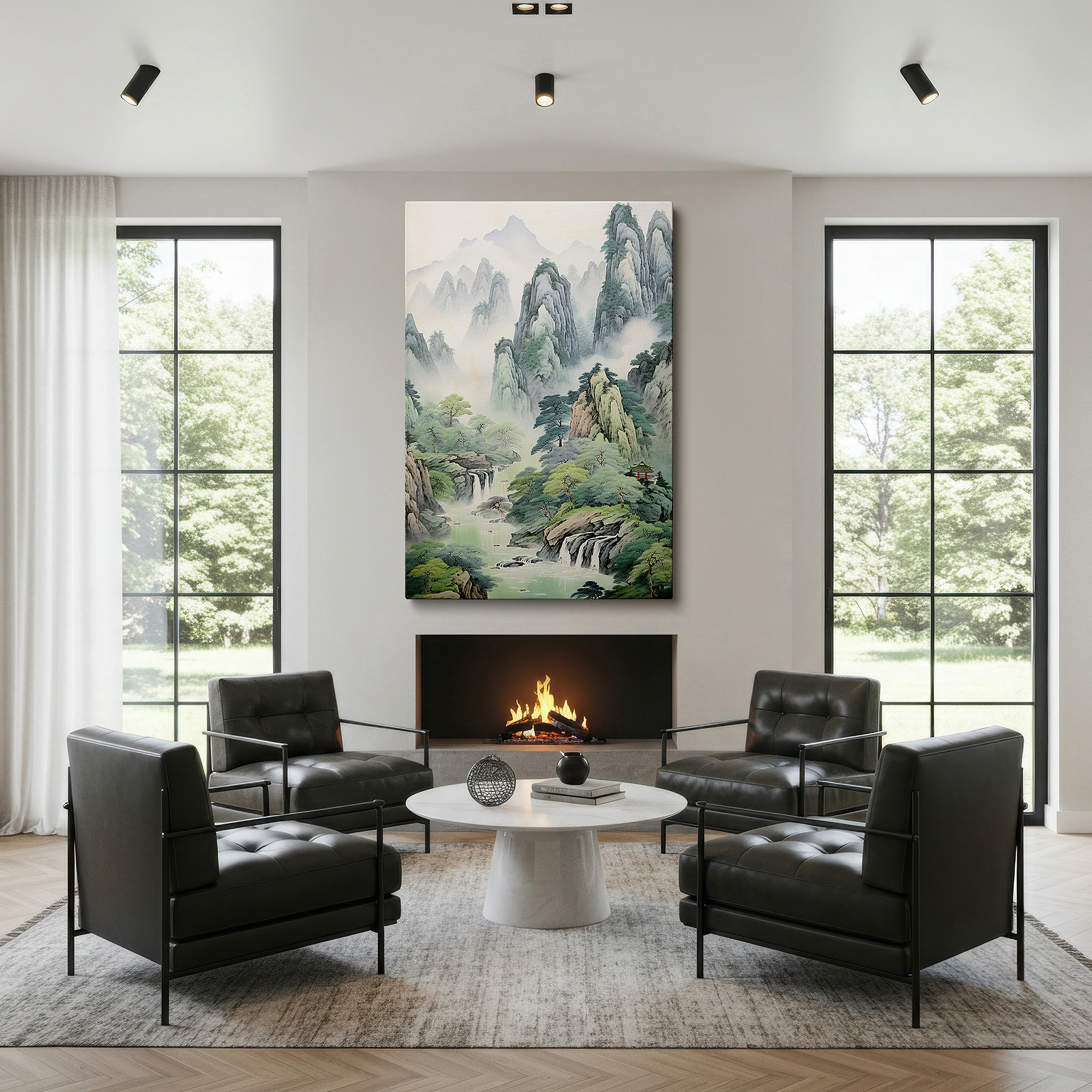 Set in a minimalist interior with textured walls and soft rugs — wall art: enchanting valley scene with foggy mountains, lush greenery, and waterfalls - large canvas art for home and office decor, perfect for living room and bedroom