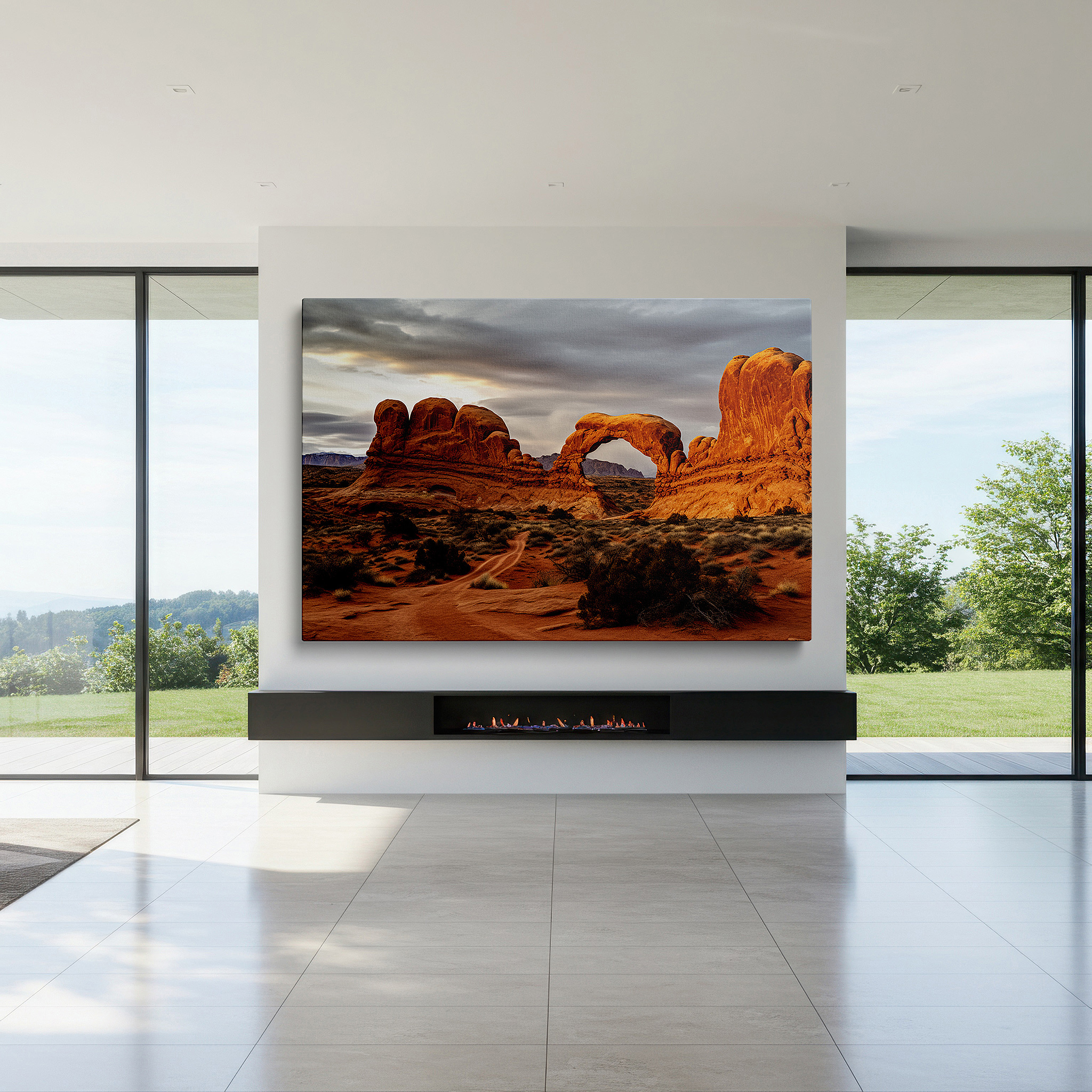 Set in a minimalist interior with textured walls and soft rugs — wall art: majestic arches national park - timeless nature and dramatic skies. large canvas wall art for office and bedroom decor.