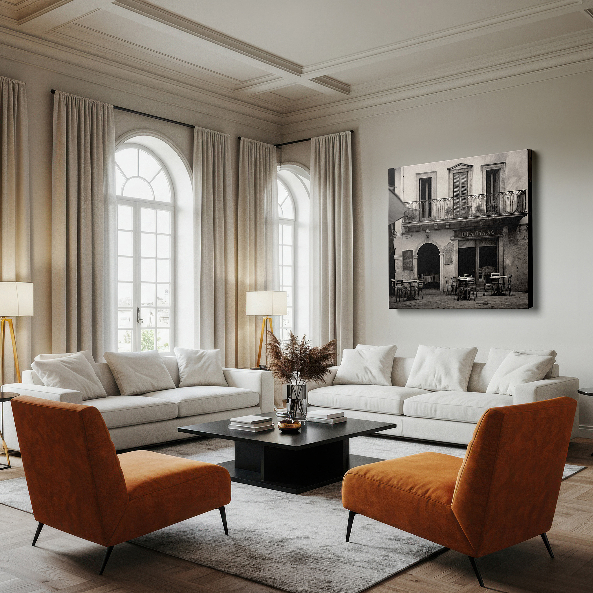 Set in a minimalist interior with textured walls and soft rugs — wall art: timeless elegance of a classic restaurant facade in black and white - large canvas wall art for office, bedroom, and home decor.